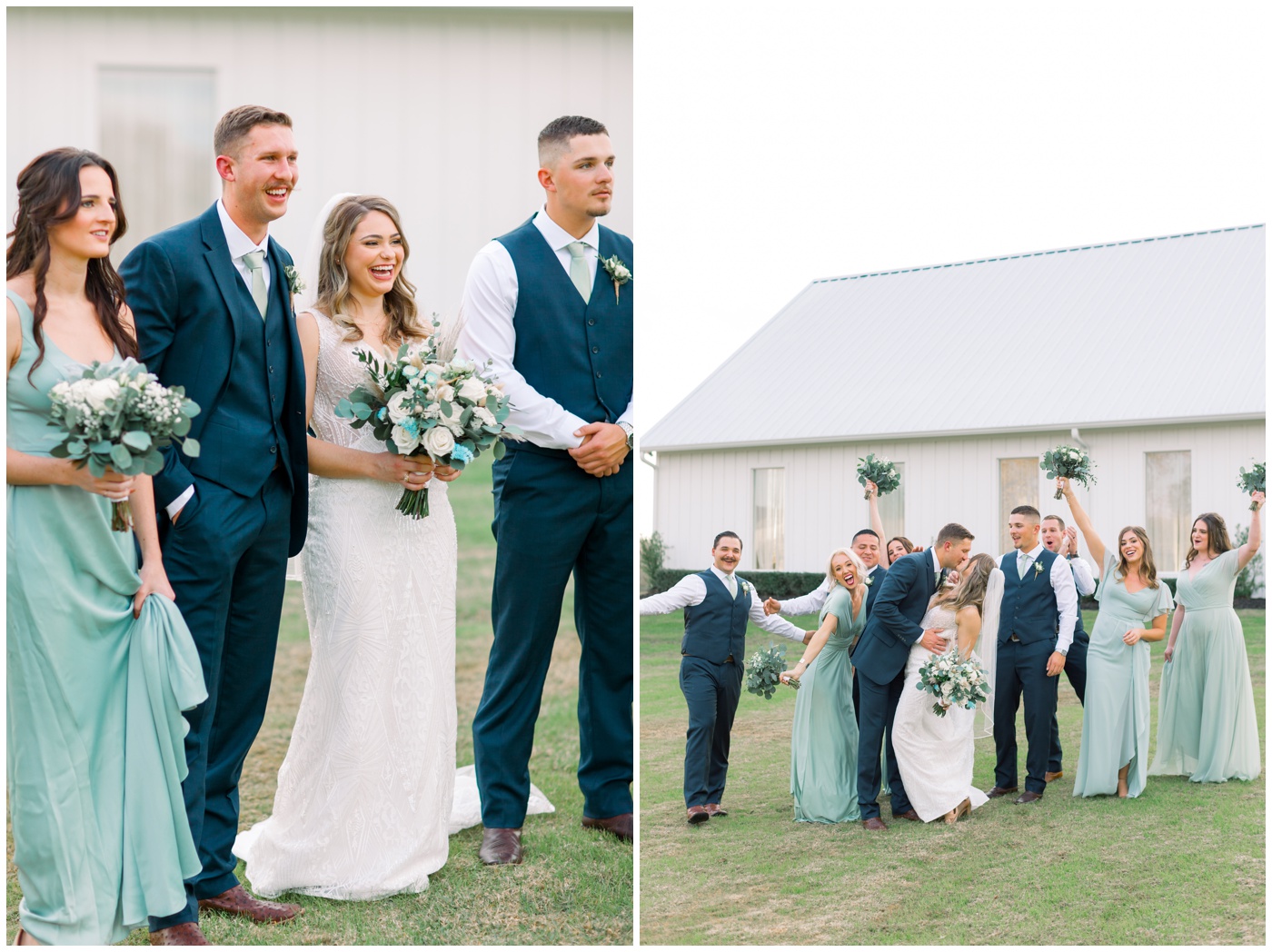 Texas farmhouse wedding | the wedding party celebrates as the bride and groom kiss