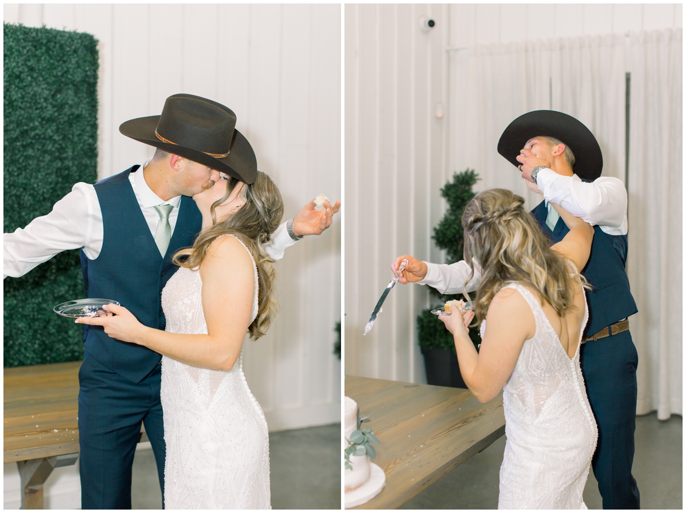 Texas farmhouse wedding | the bride and groom laugh as the bride shoves cake in the groom's face 