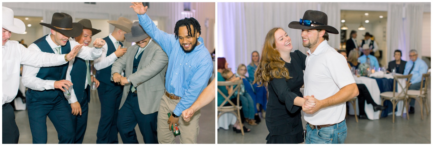 the guests smile as they dance at the wedding reception