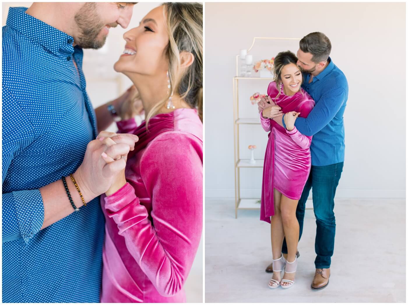 formal outfits for engagement photos | a couple hugs and holds hands