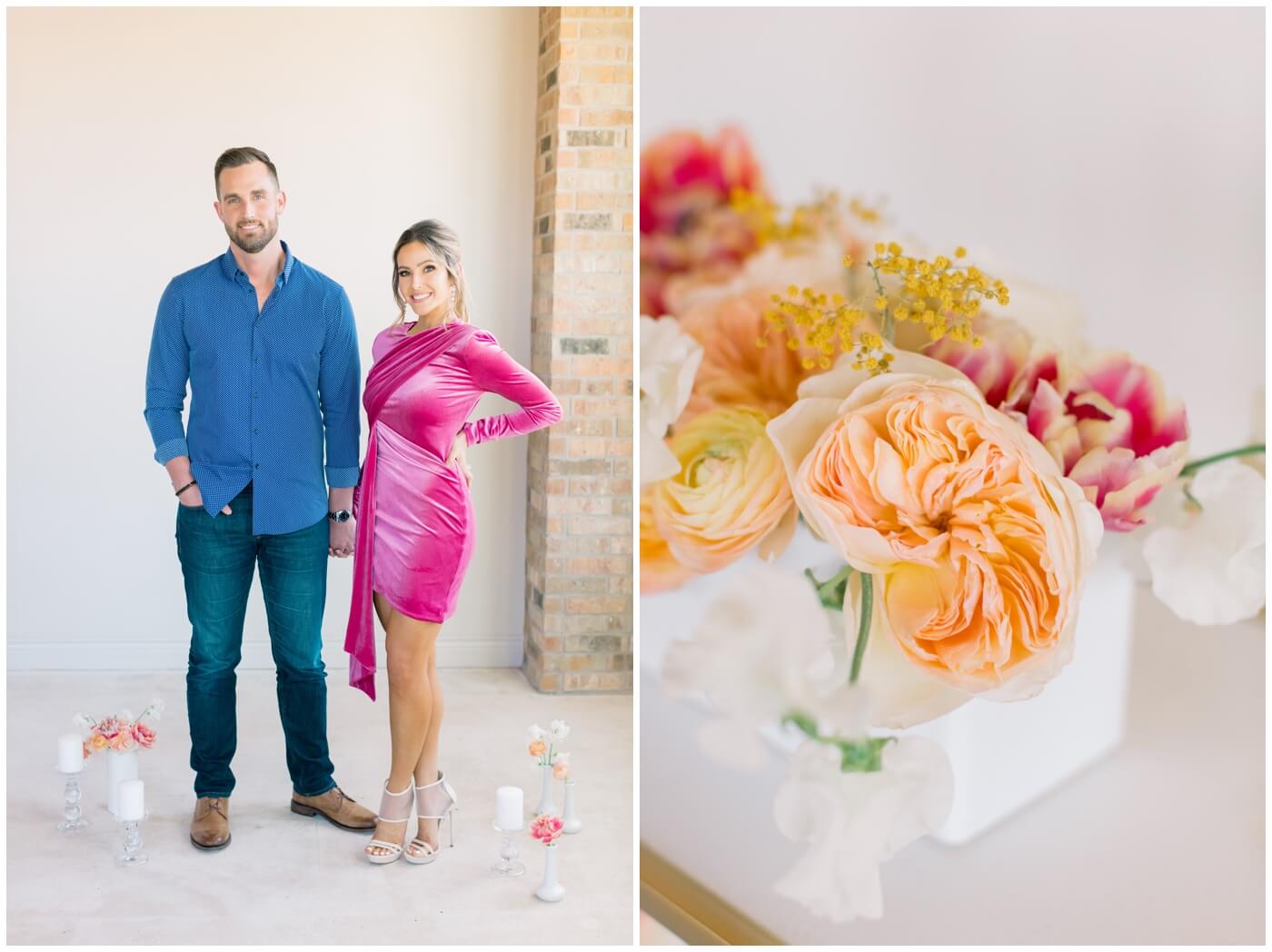 formal outfits for engagement photos | a couple smiles together with beautiful flowers