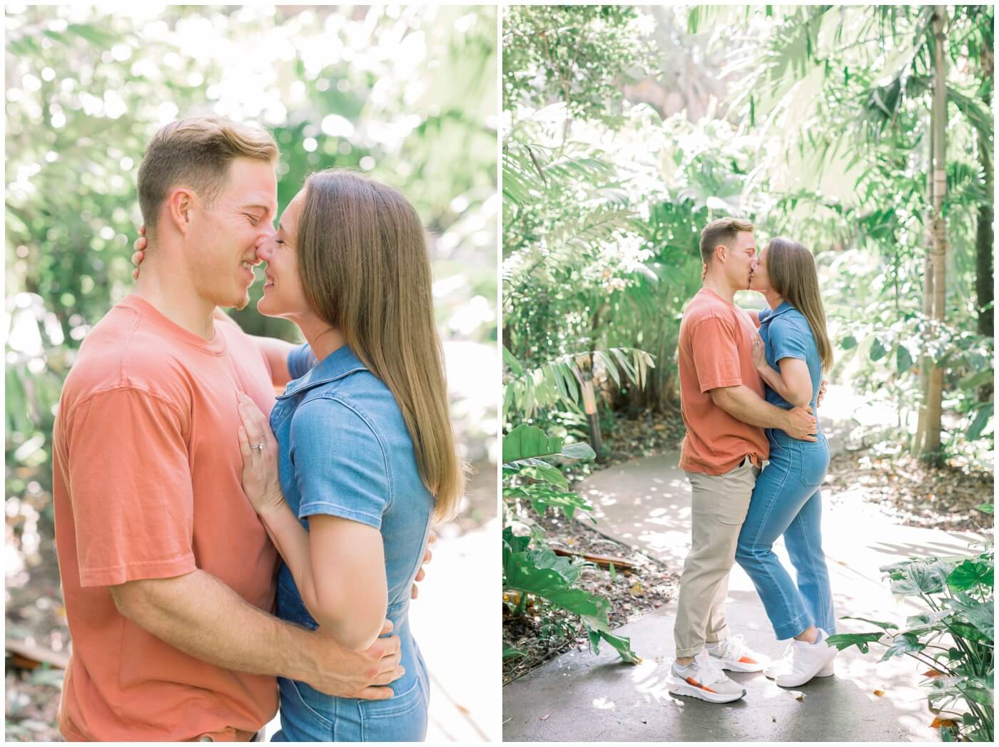 a couple kisses at the botanical gardens in miami during their engagement session.