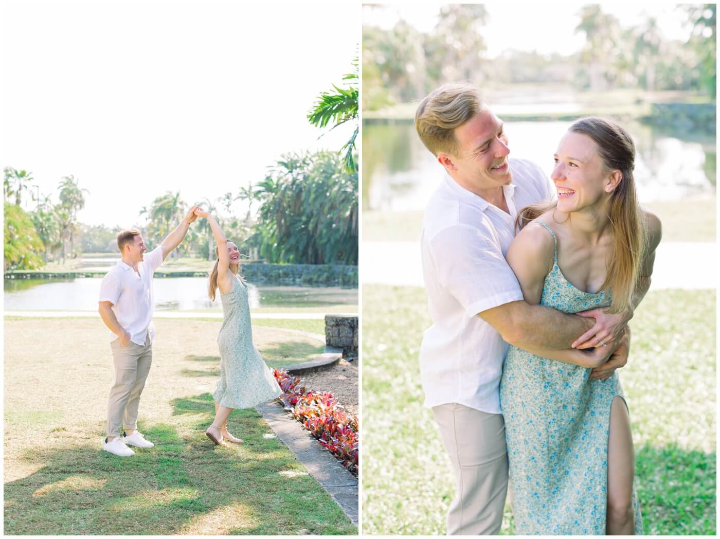 destination wedding photographer | a couple dances at the botanical gardens in miami during their engagement session.