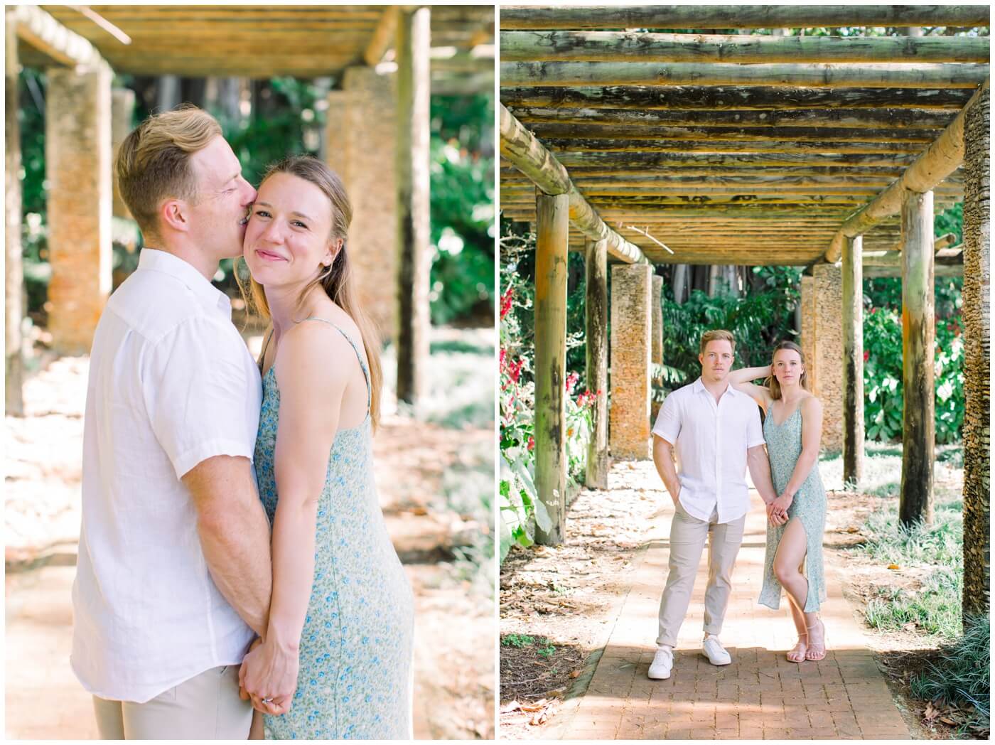 a couple grins during their engagement session at the botanical gardens in miami