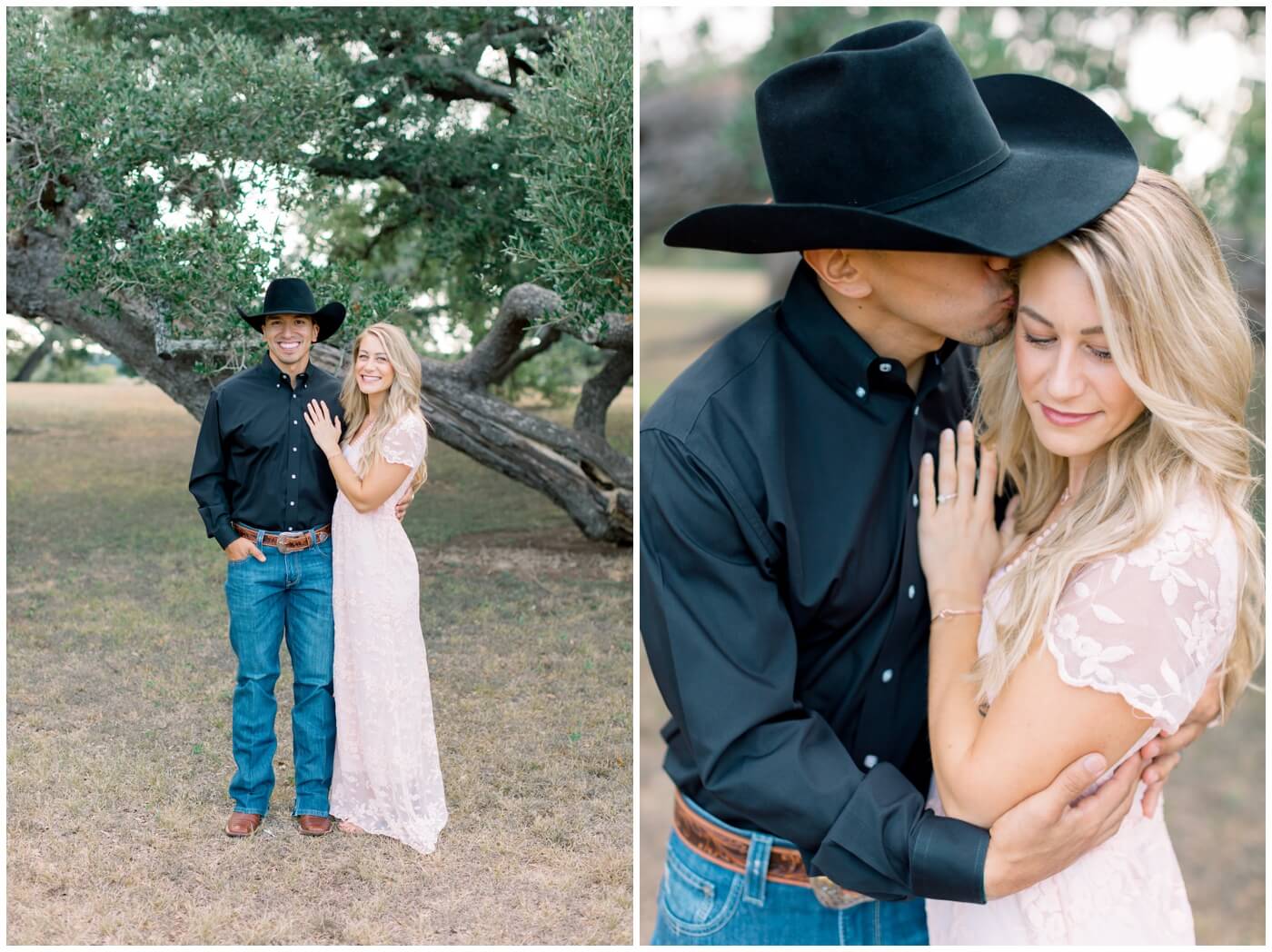 Engagement photos in Houston. Couple smiles together in front of an oak tree.