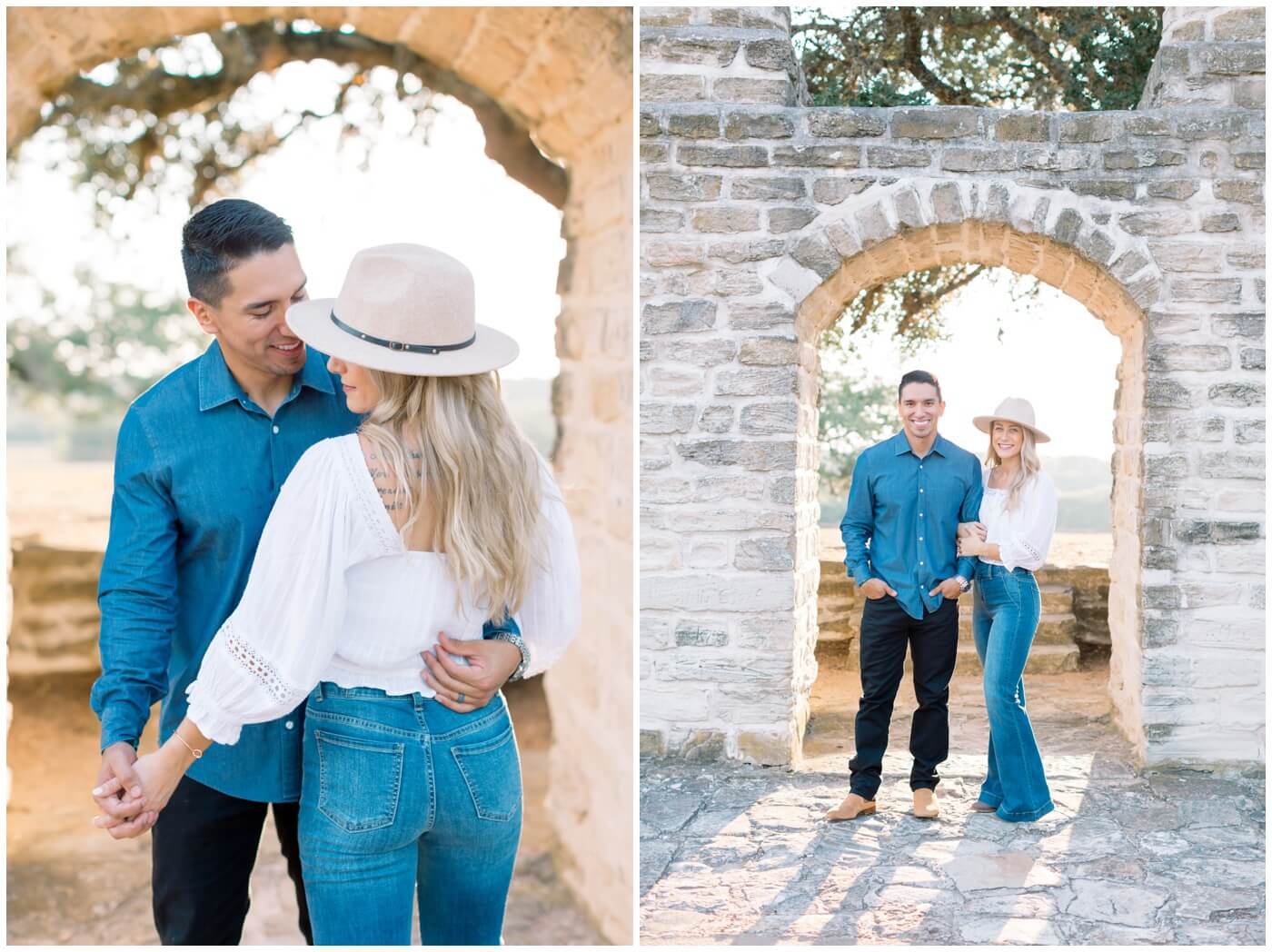 A couple smiles together during their Engagement photos in Houston. 