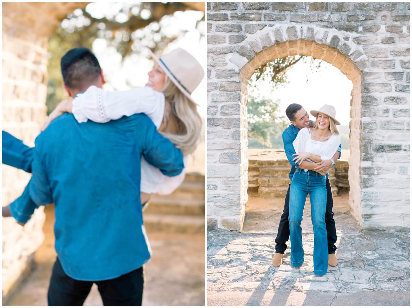 A couple laughs together during their engagement photos in Houston. 