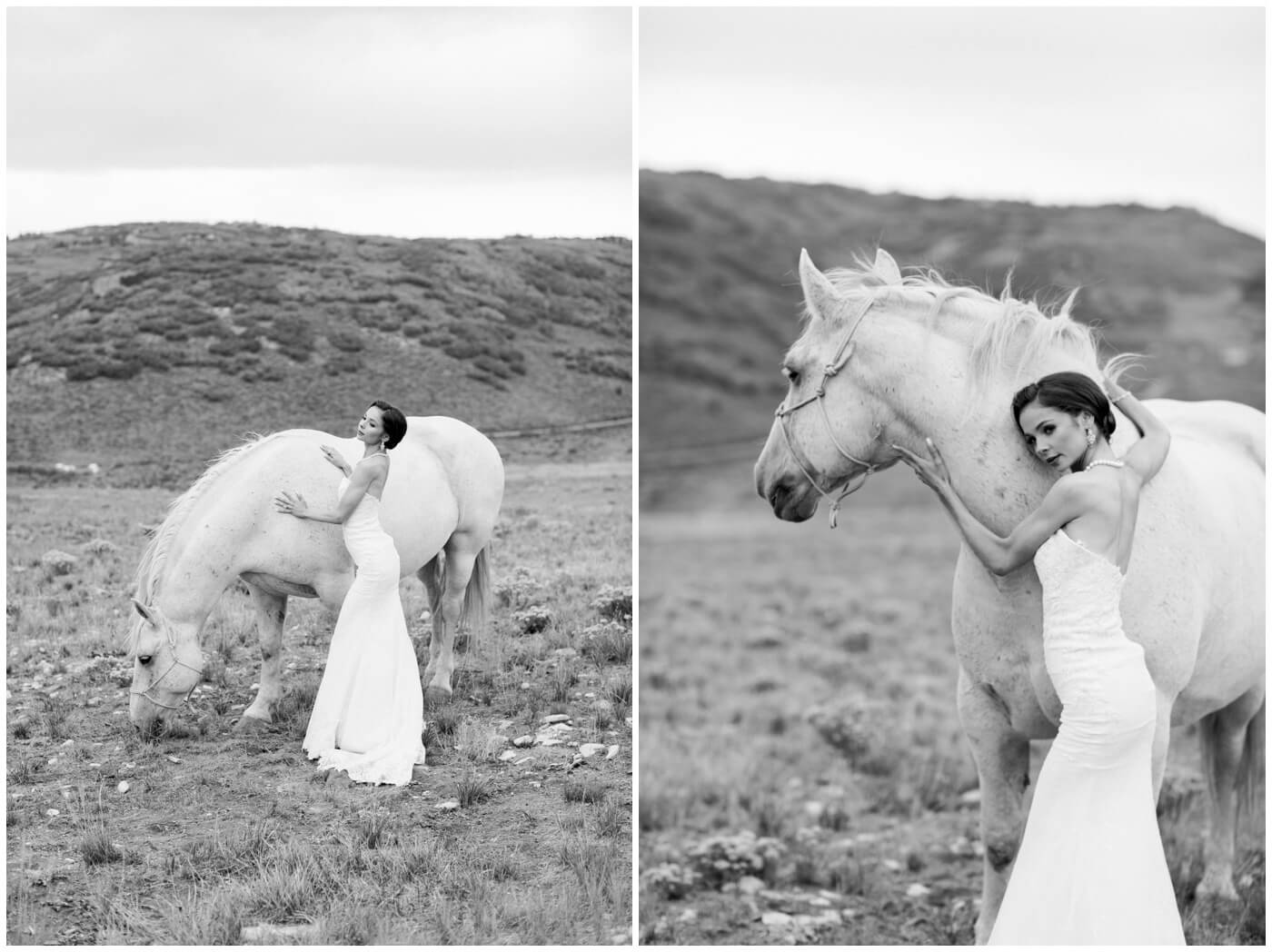 Wedding in the mountains | A bride stands elegantly next to a horse
