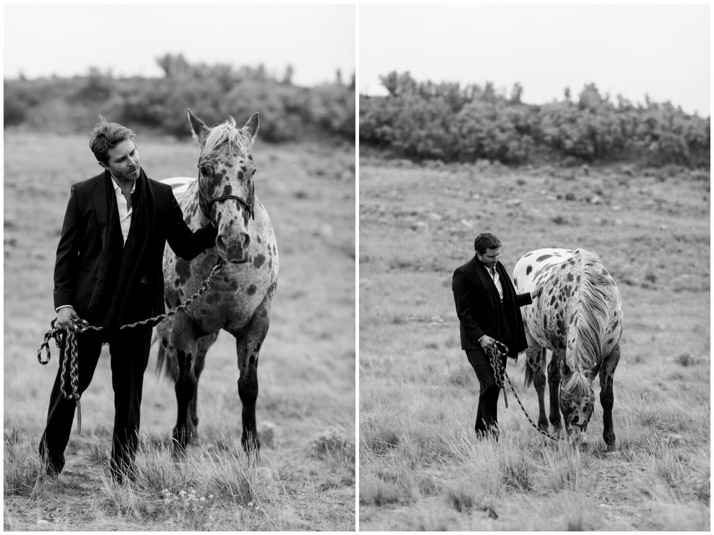 Wedding in the mountains | A groom stands with his horse in the Utah mountains