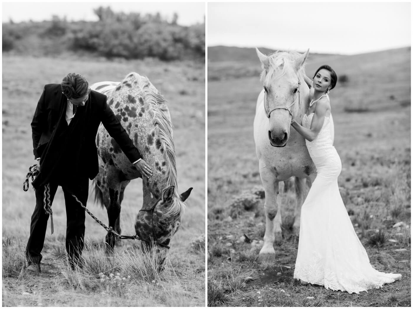 Wedding in the mountains | A couple stand next to their horses on their wedding day