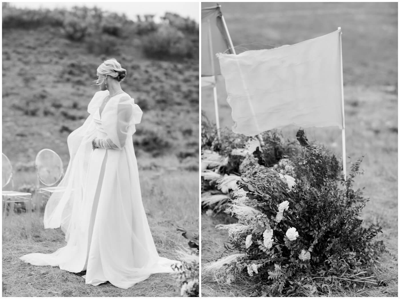 Wedding in the mountains | A bride's dress blows in the wind