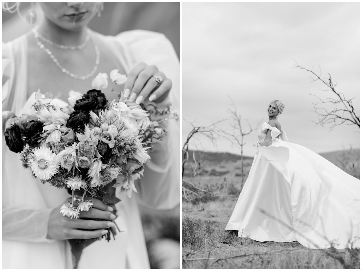 Wedding in the mountains | A bride smiles holding flowers on her wedding day as her dress blows in the wind. 