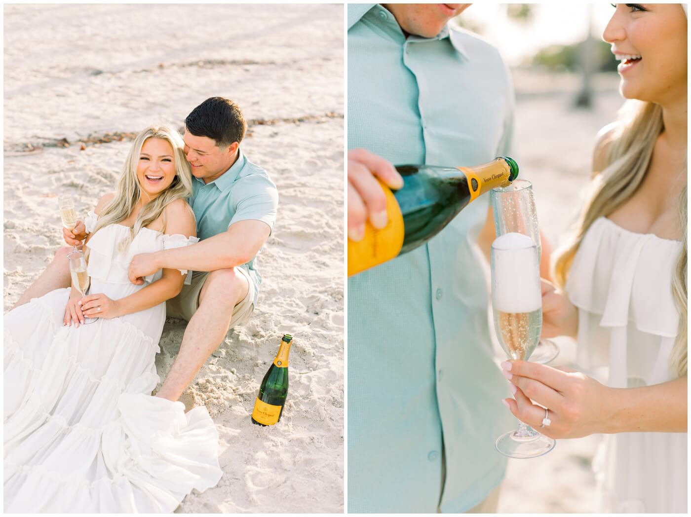 Couple celebrates with champagne together on the beach