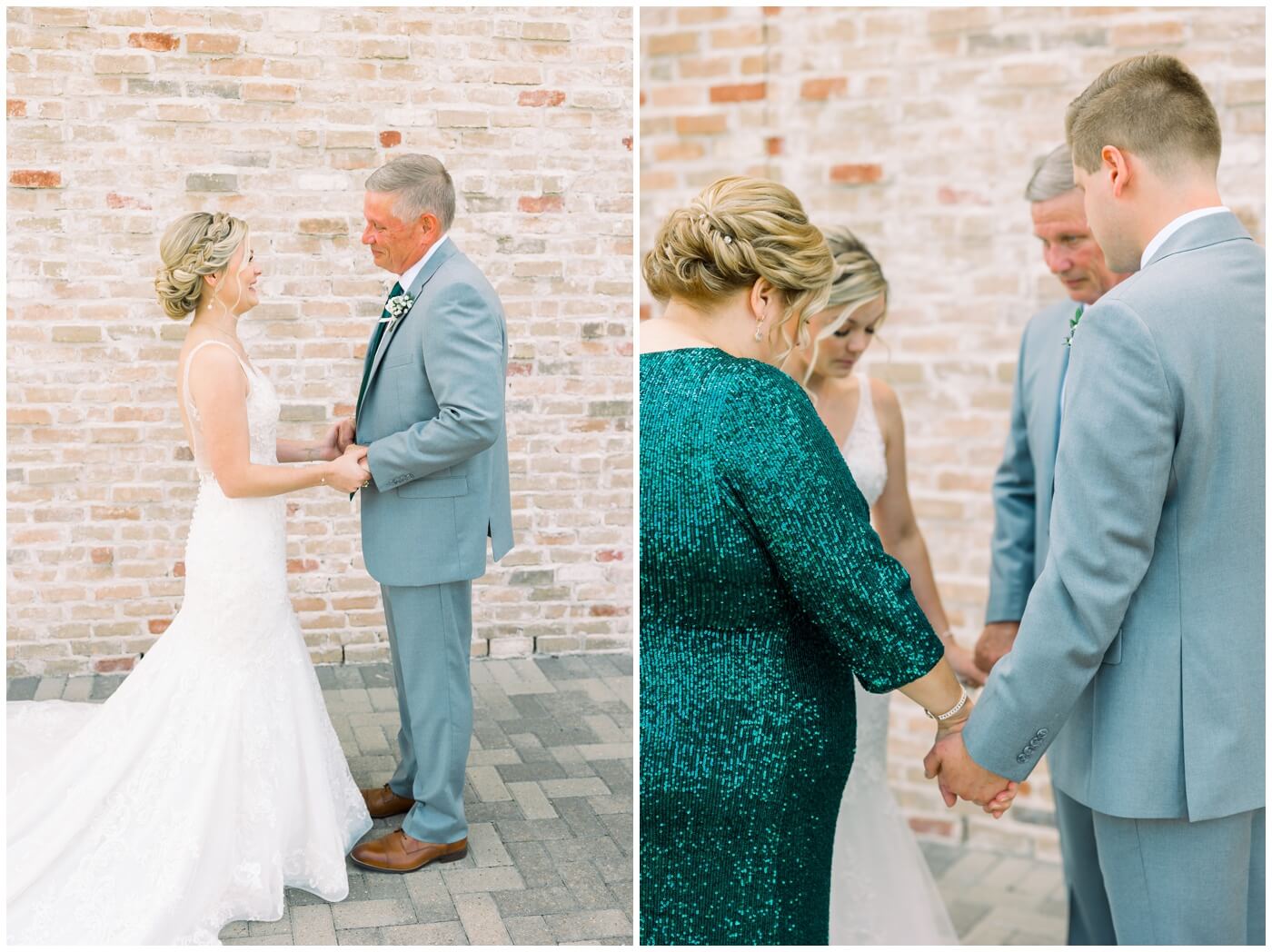 Beckendorff Farms | Bride prays with her family on her wedding day 