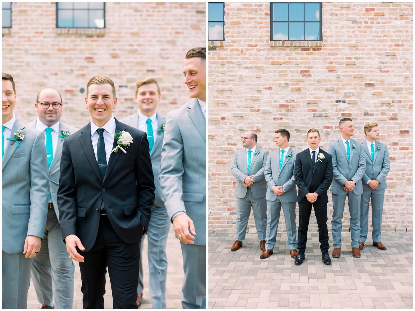 A groom smiles with his groomsmen on his wedding day