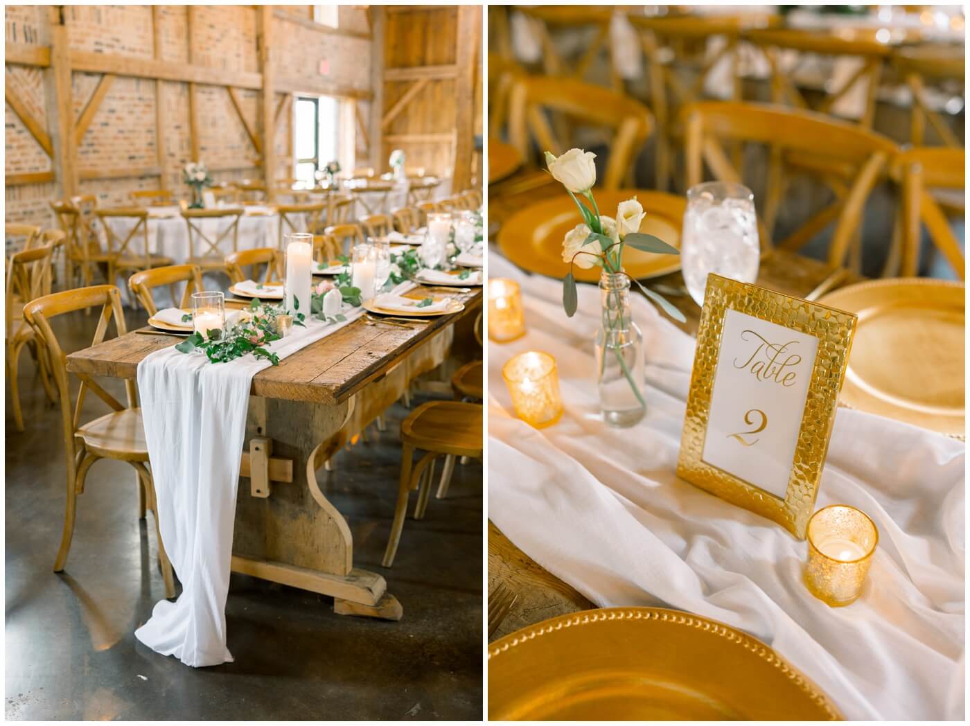 The reception space is beautifully prepared with flowers and greenery