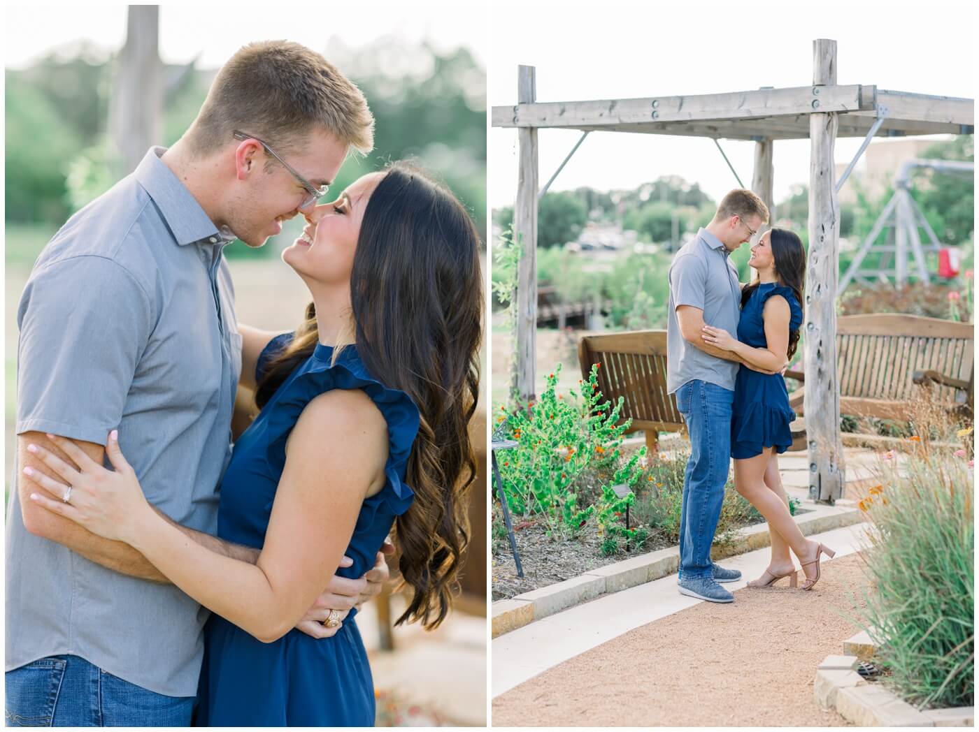 A couple kiss during their engagement session in College Station.