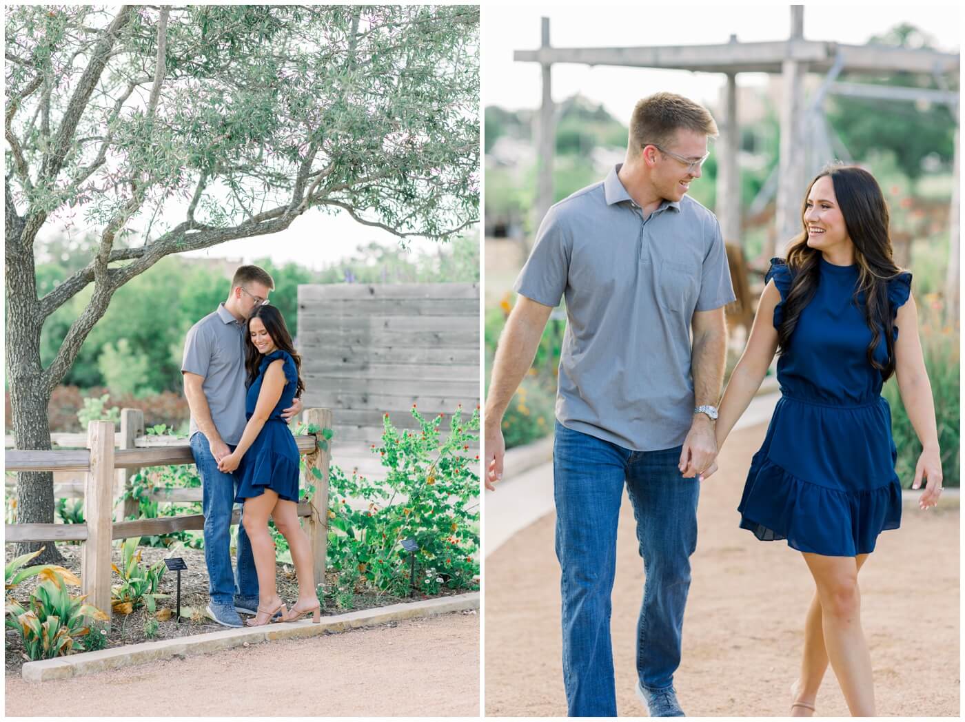 Wedding photographer in Texas | A couple smile and walk through the gardens together
