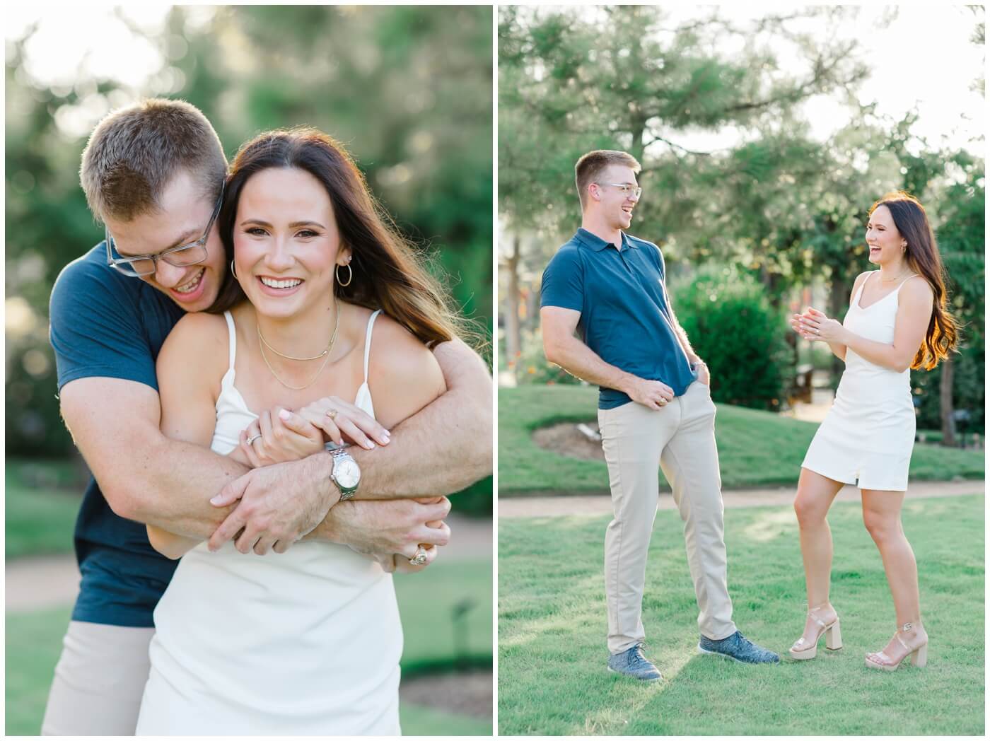 A couple laughs together during their engagement session at the TAMU Gardens.