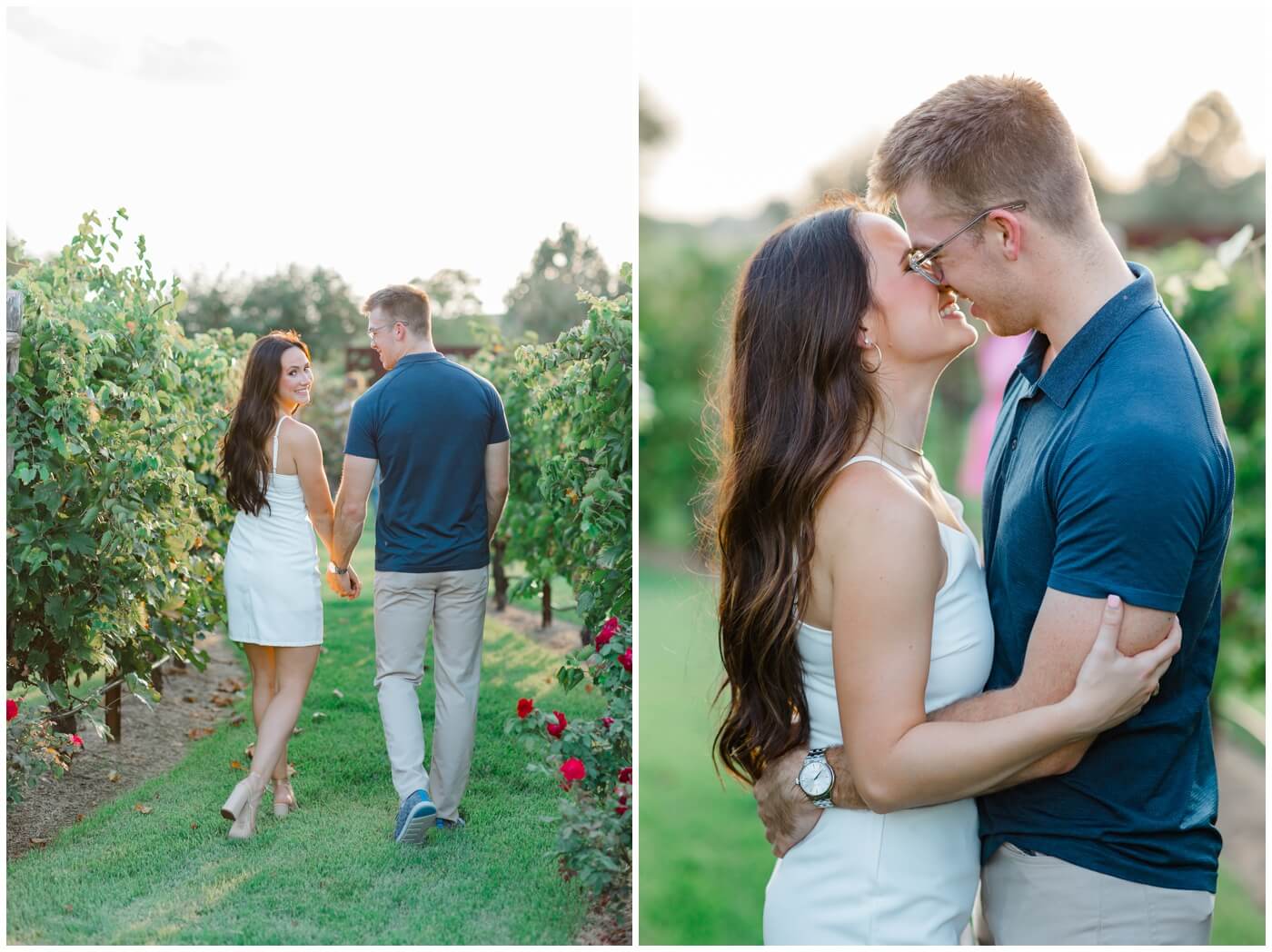 A couple walk through the vineyard.