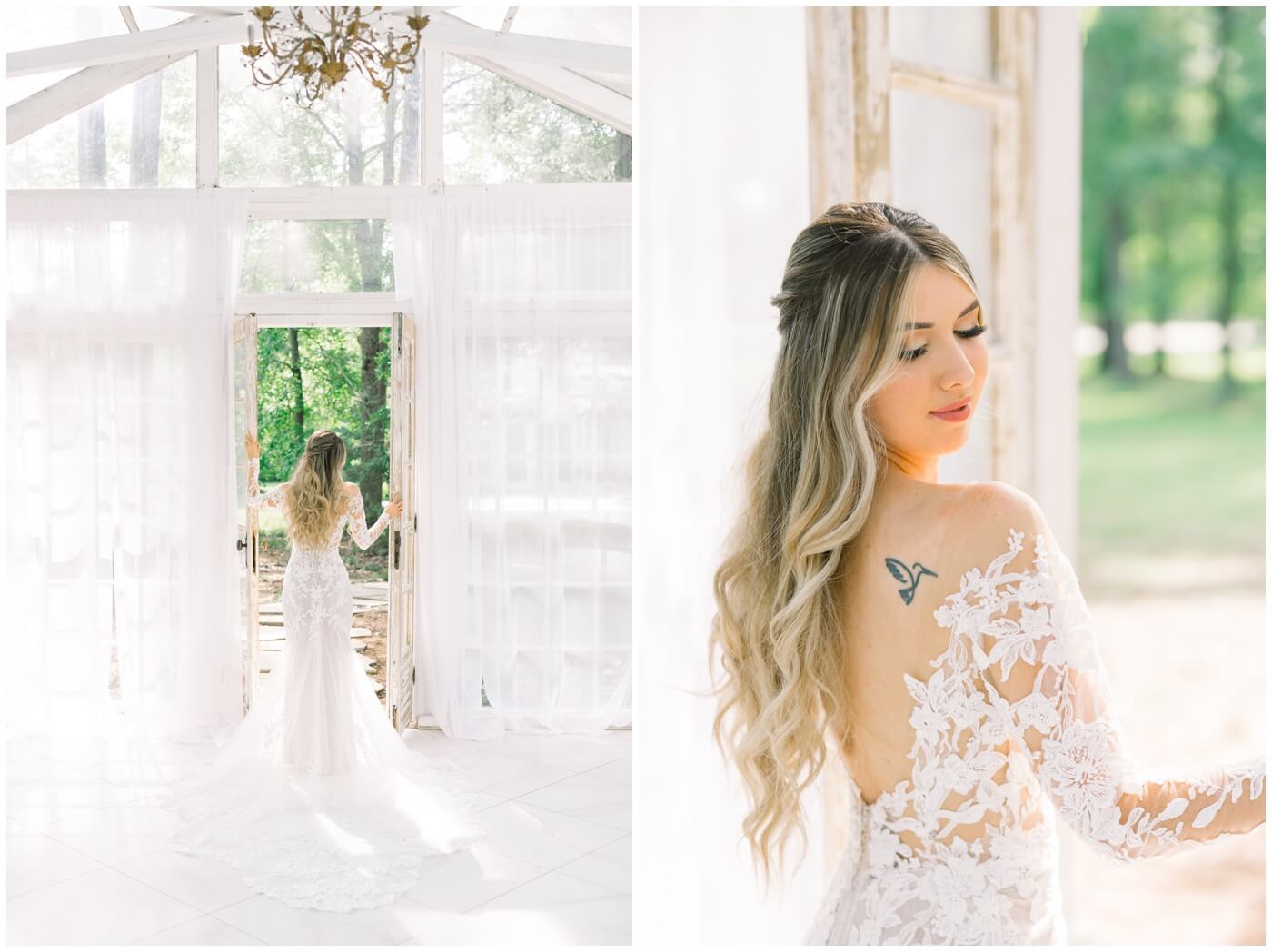 Wedding photographer in Houston | A bride smiles down her shoulder in her wedding dress 