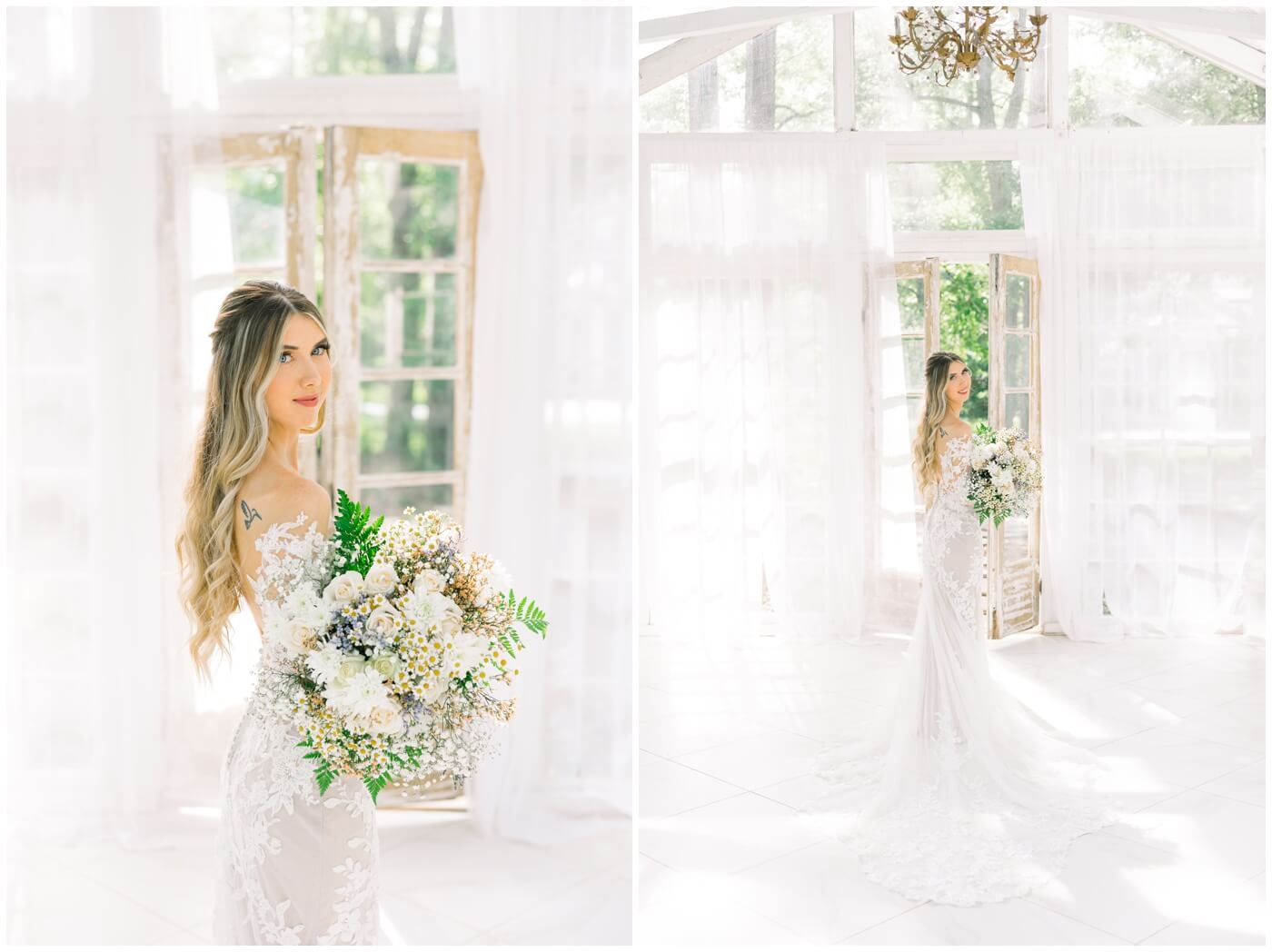 A bride smiles in her wedding dress holding a bouquet