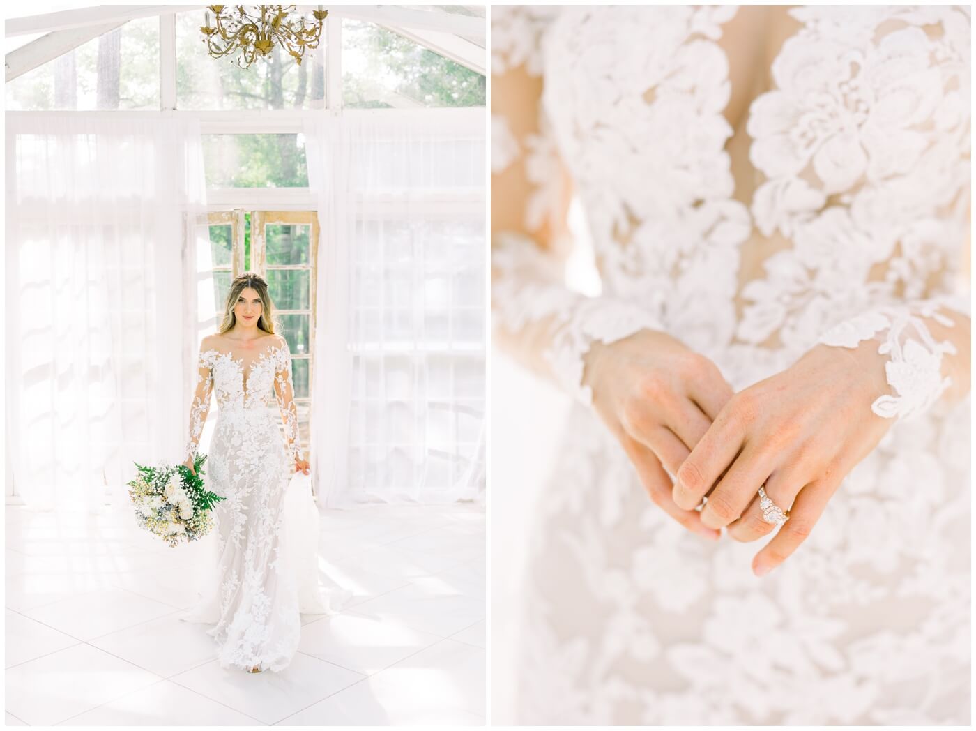 A bride shows the beautiful lace design on her wedding dress