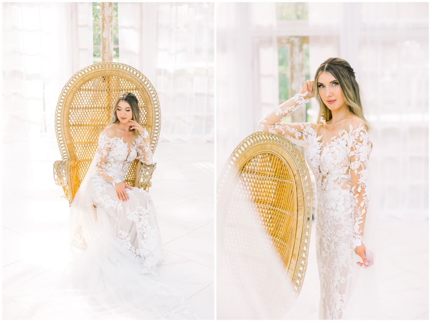 Houston wedding photographer | A bride sits in a woven chair during her bridal session