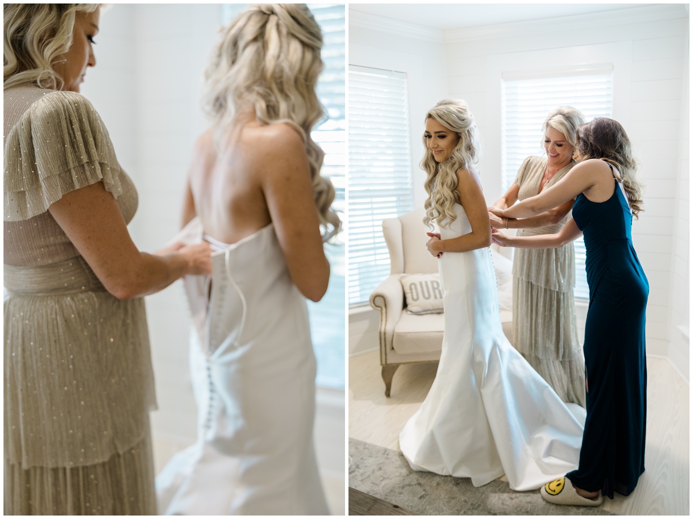 Houston Wedding Photographer | A bride puts her dress on on her wedding day with the help of her mom and sister