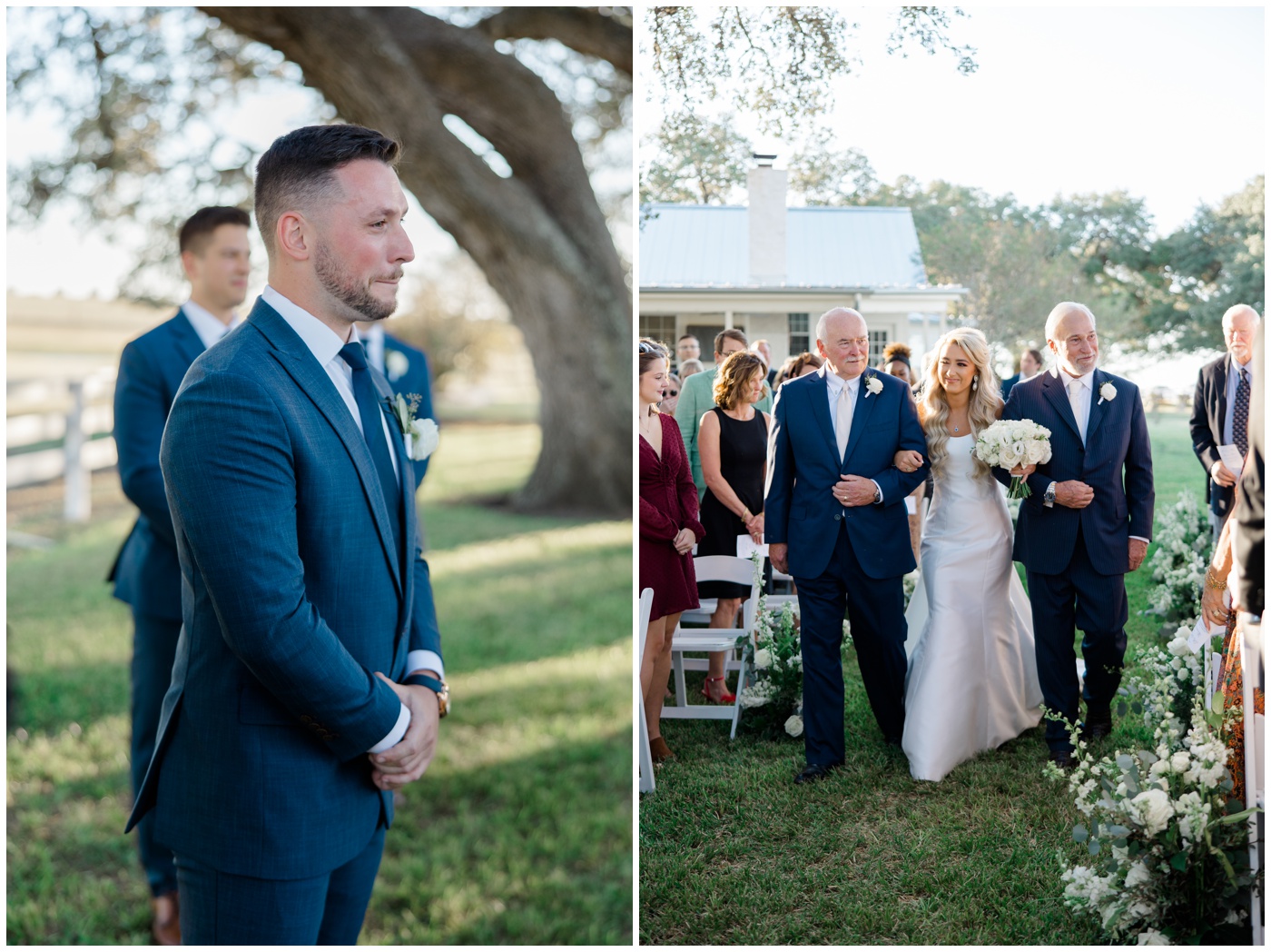 Houston wedding photographer | A bride walks down the aisle as her groom smiles with tears in his eyes.