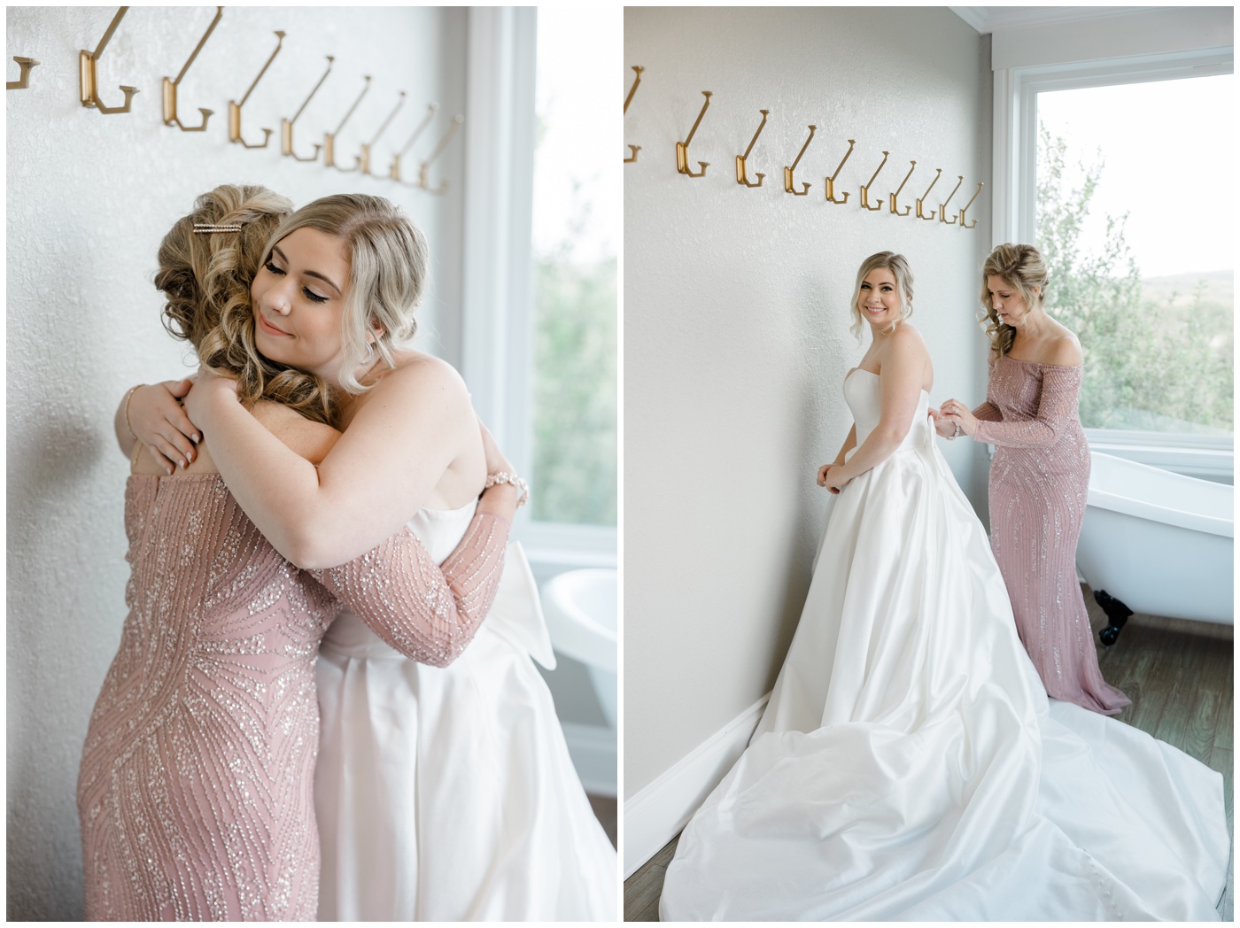 A bride's mom helps her daughter into her wedding dress