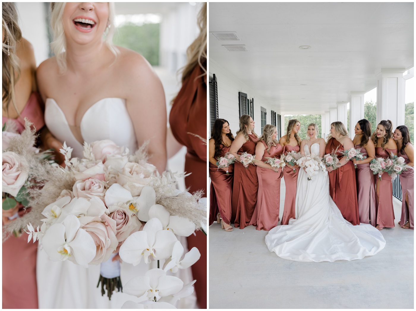 The bridesmaids cheer as they see the bride