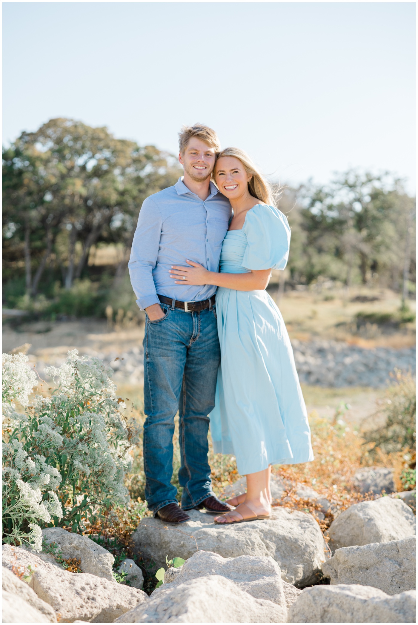Couple smiles during their waco engagement session