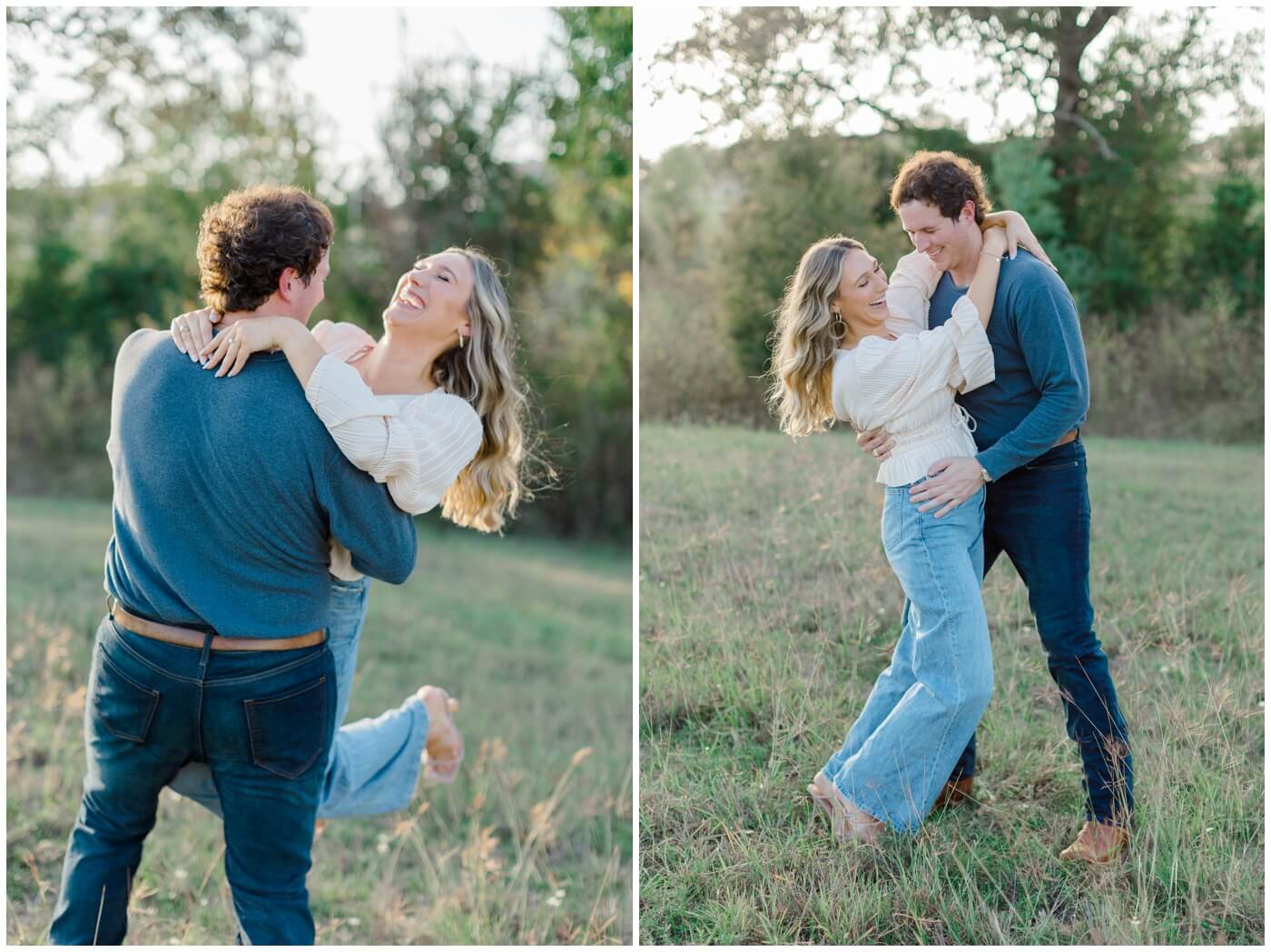 A couple laughs together in a field during their houston engagement session
