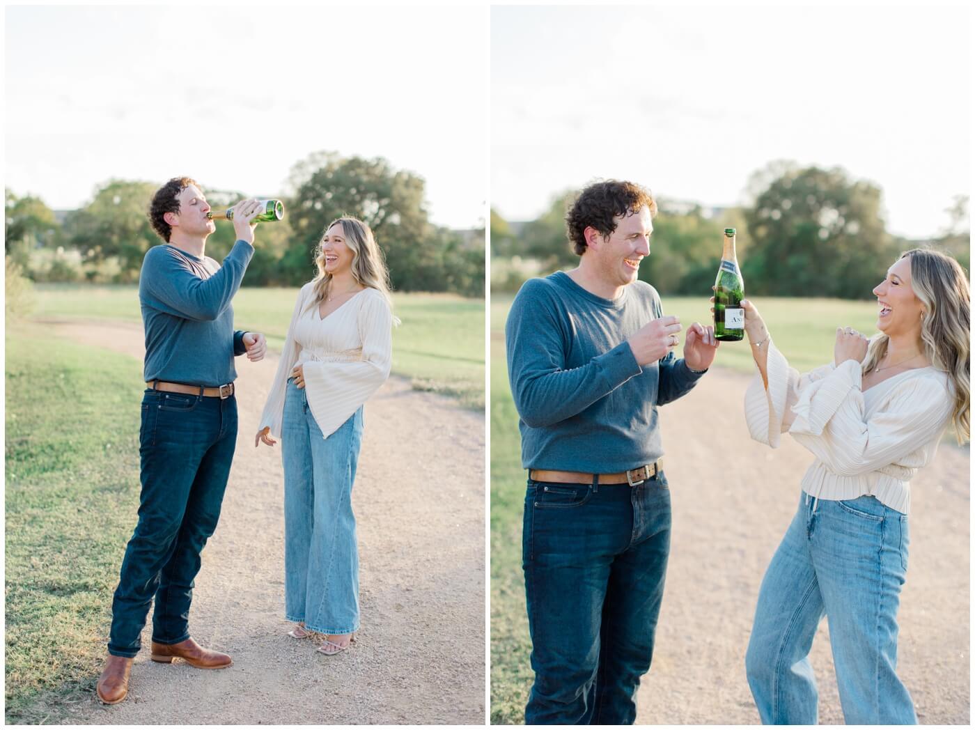 A couple pops a bottle of champagne during their engagement session at the TAMU Gardens