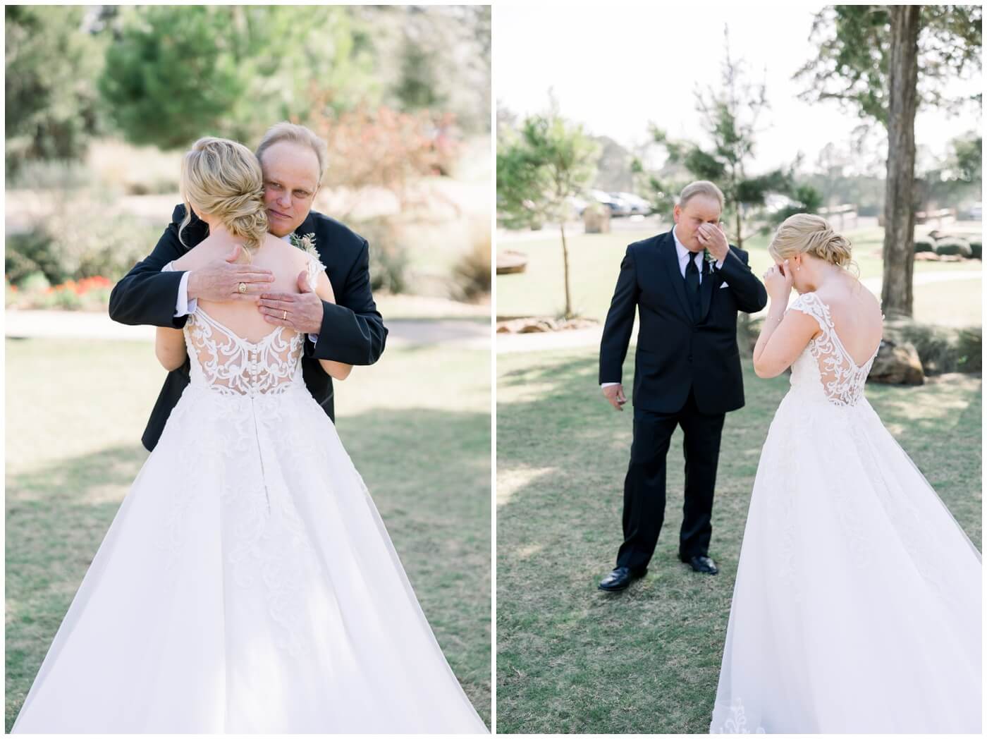 A bride shares a first look with her dad on her wedding day.