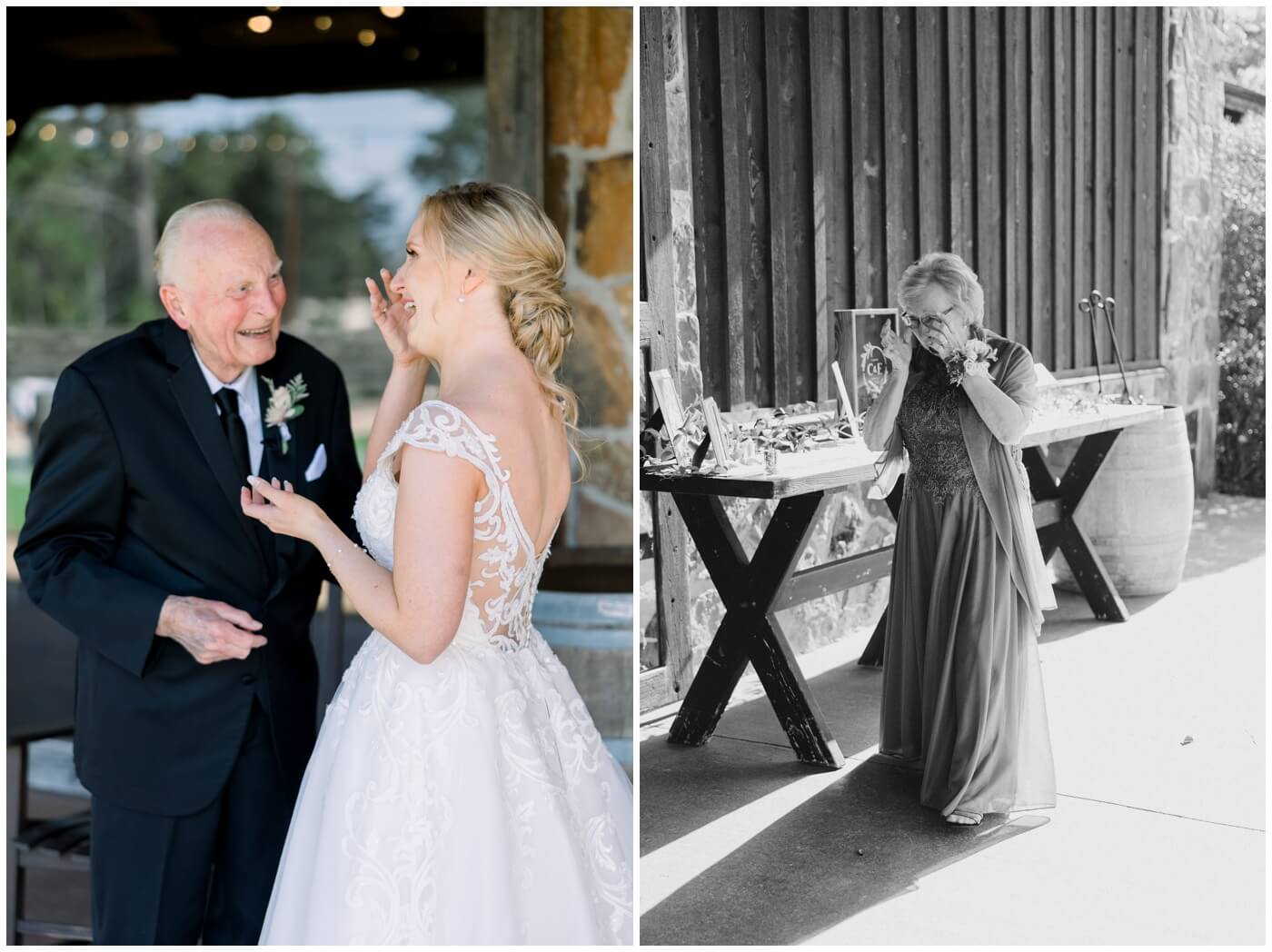 A bride shares a first look with her grandfather on her wedding day.