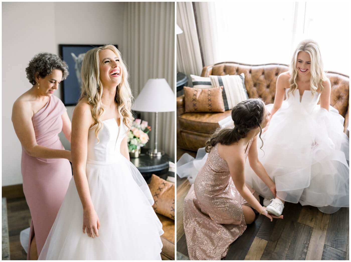 Mom helps daughter into her wedding dress at Hotel Drover