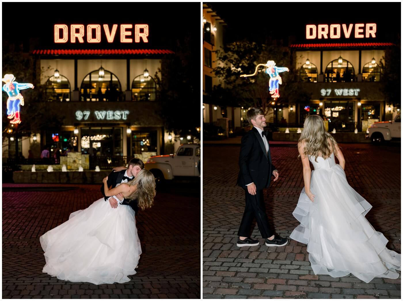 The bride and groom kiss in front of Hotel Drover at night