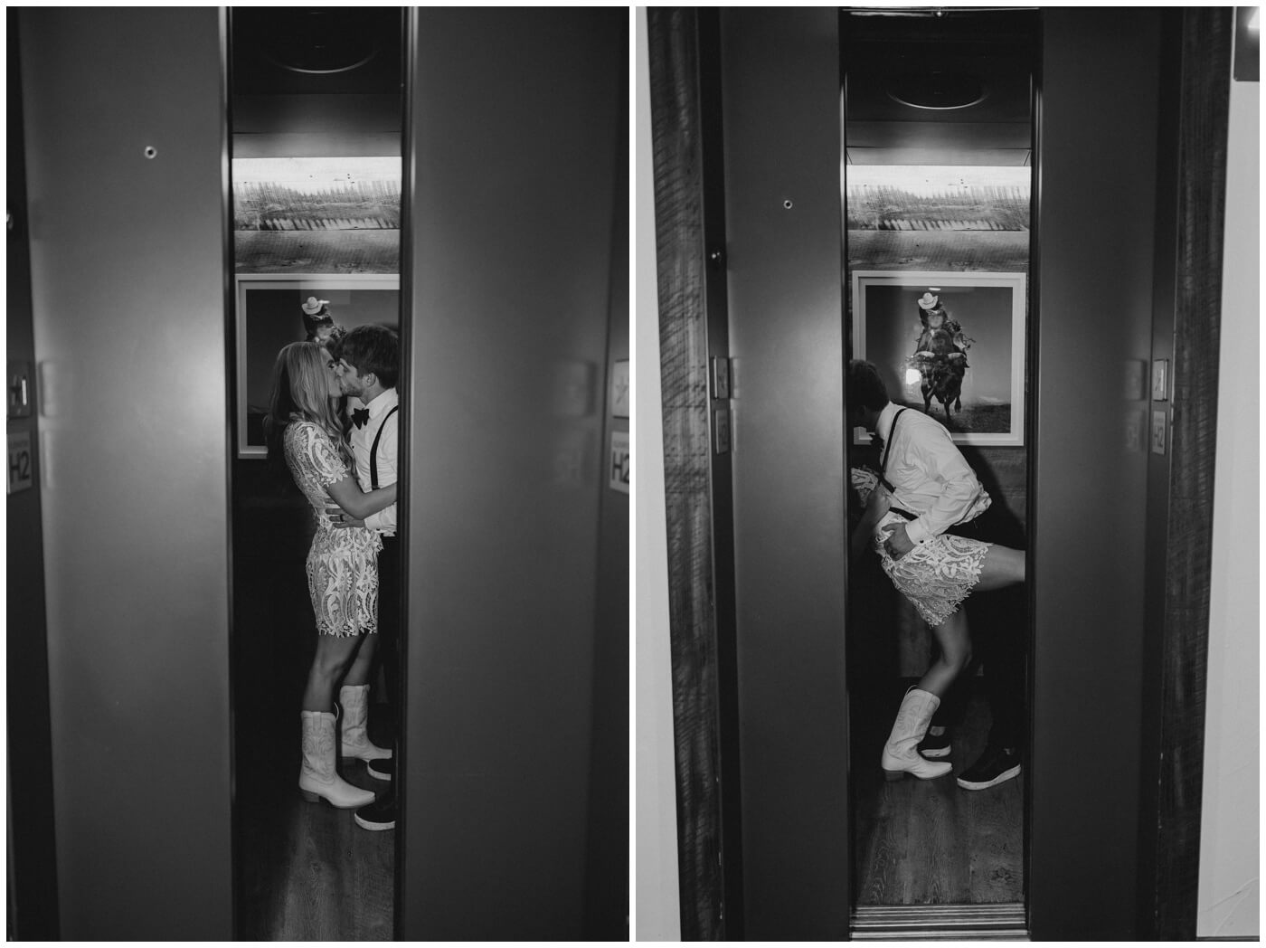 The bride and groom kiss in the elevator at Hotel Drover