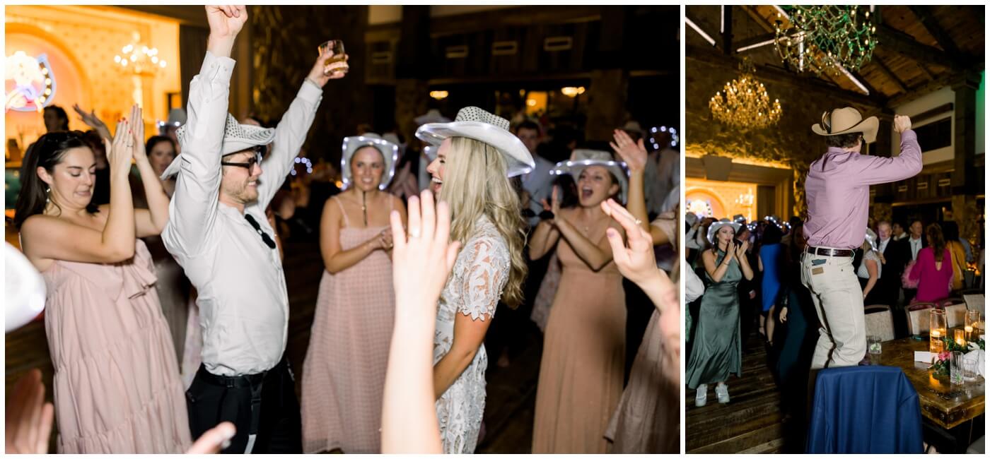Guests have fun dancing on the dance floor during the reception