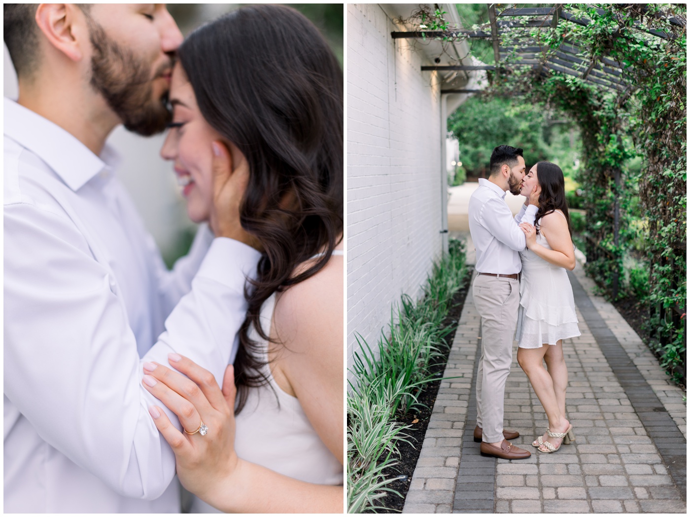 A couple kisses at the Peach Orchard Venue.