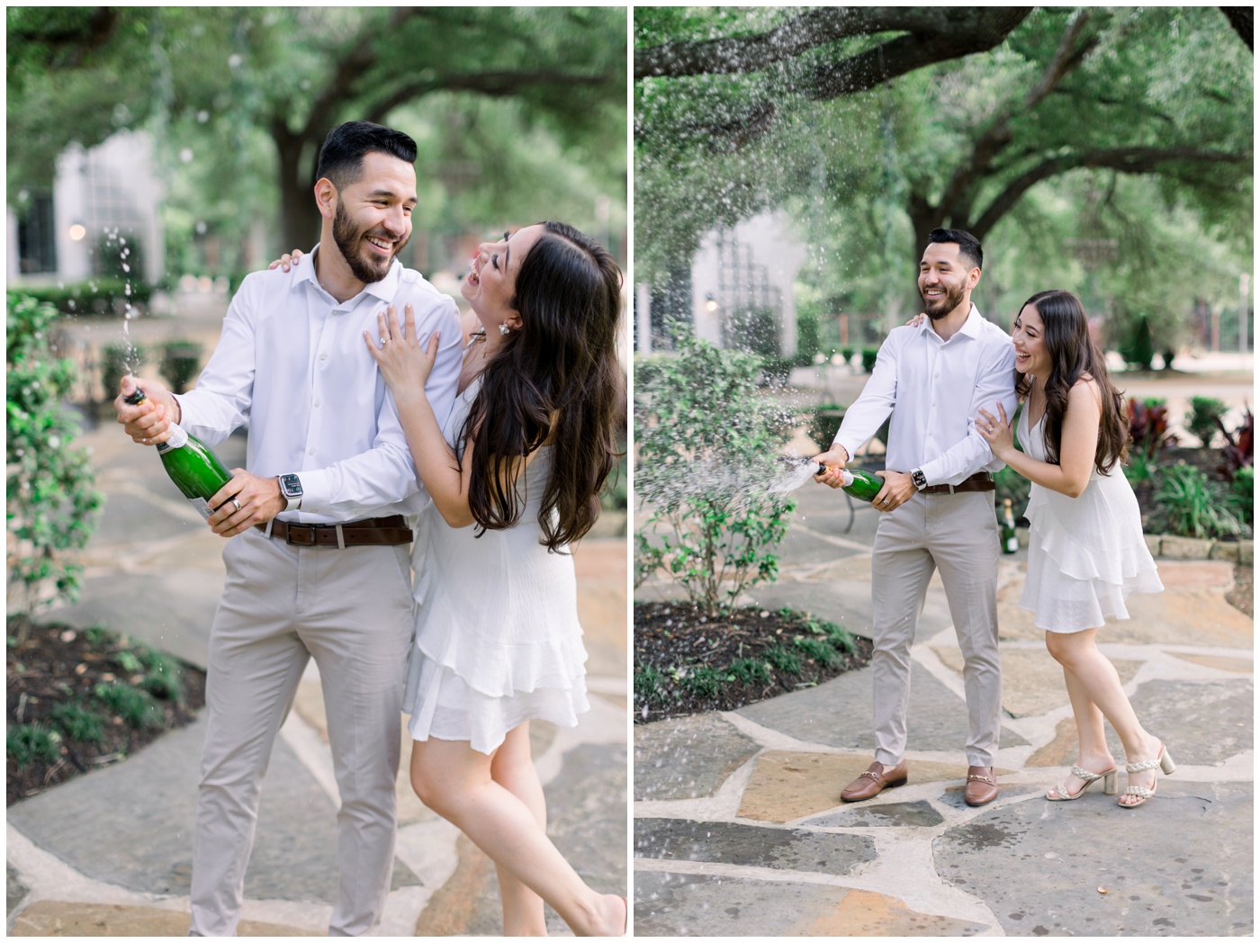 A couple pop a bottle of champagne together during their Houston engagement session at the Peach Orchard Venue