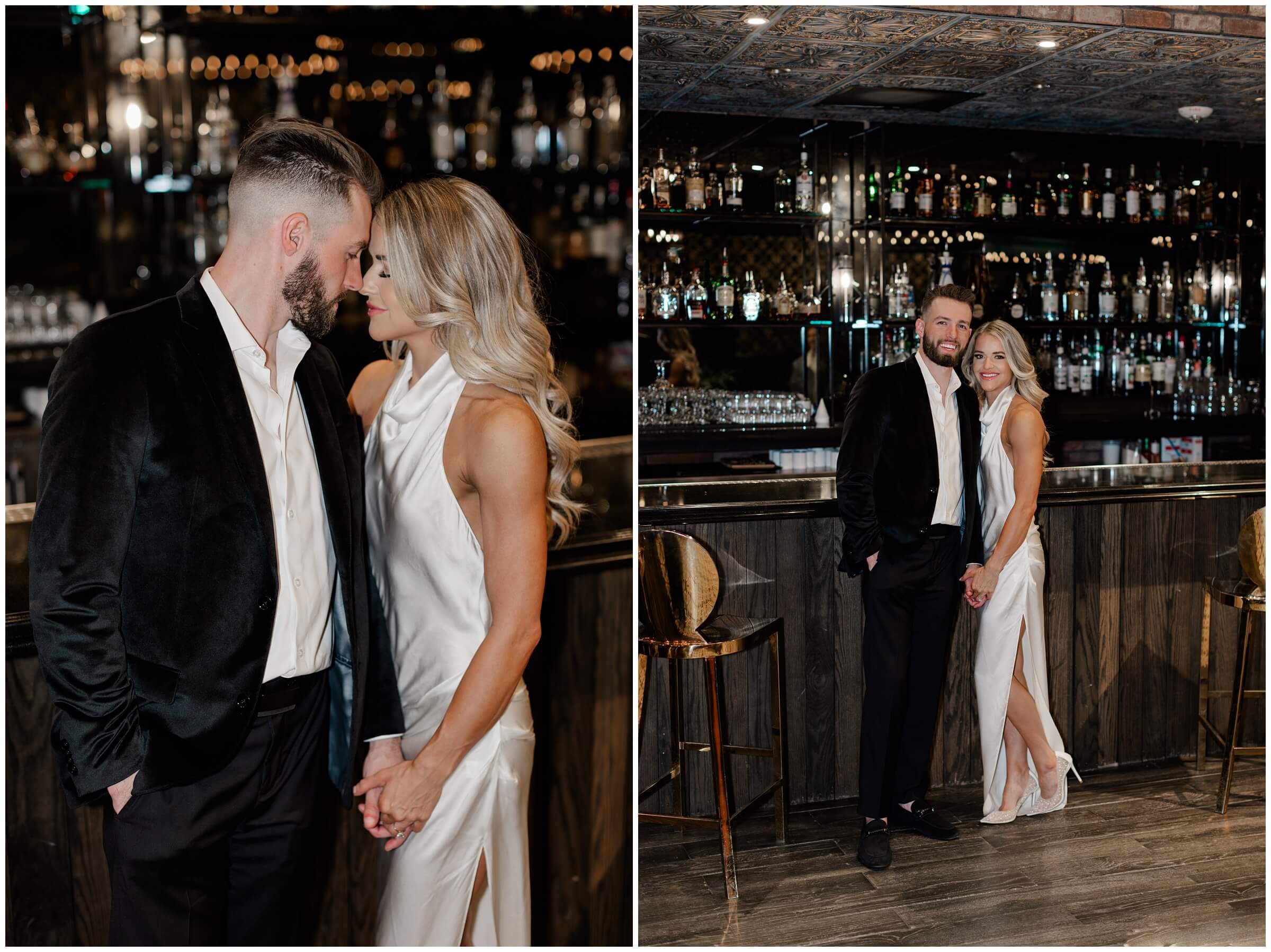 Classy engagement photos at a bar in houston