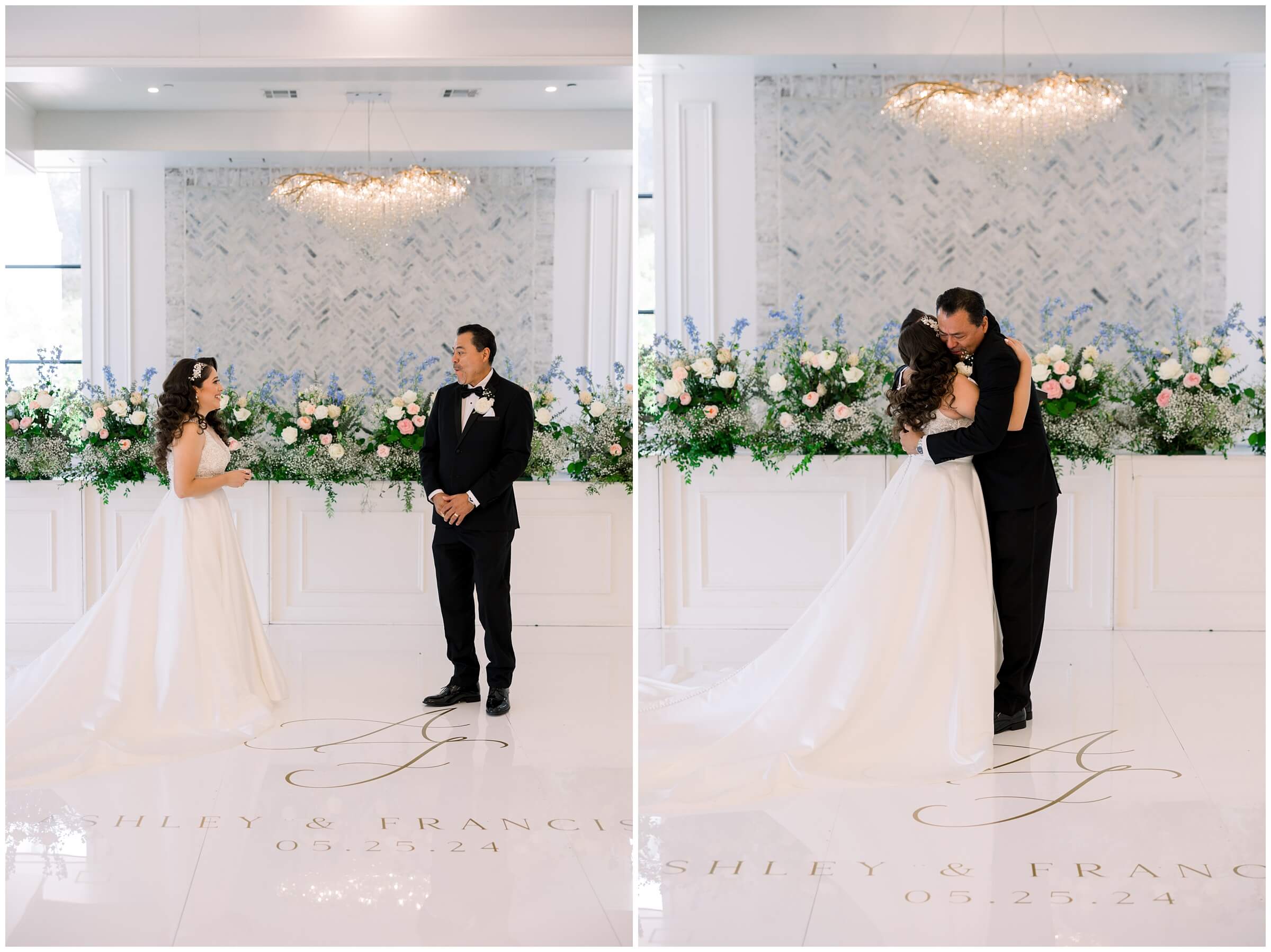 The bride shares a first look with her father at the Peach Orchard venue