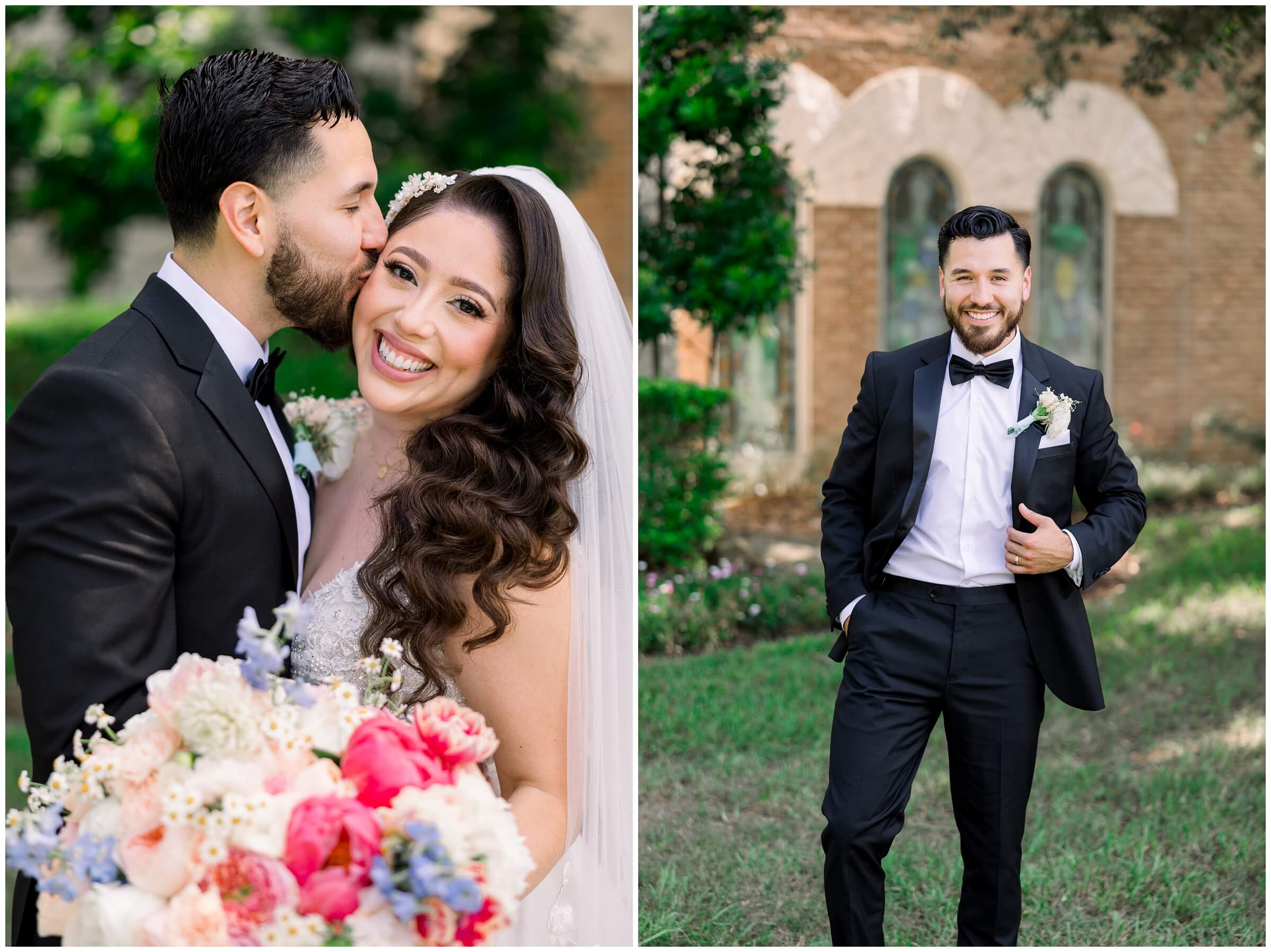 The bride and groom smile together