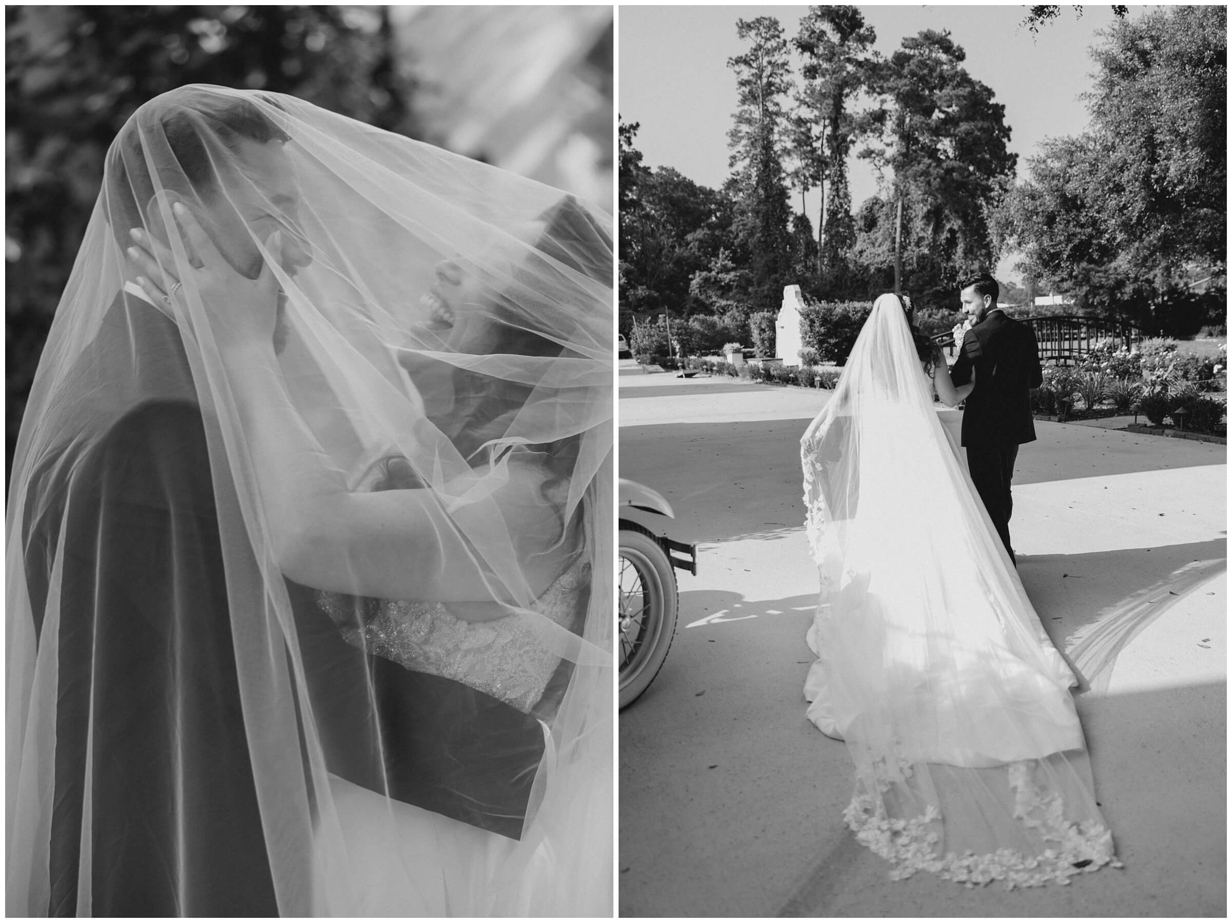 The bride and groom smile together at the Peach Orchard venue