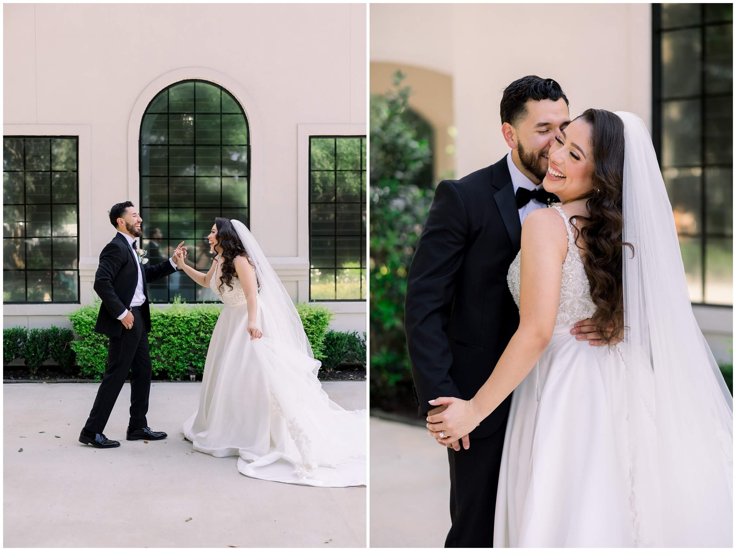 The bride and groom smile together at the Peach Orchard venue