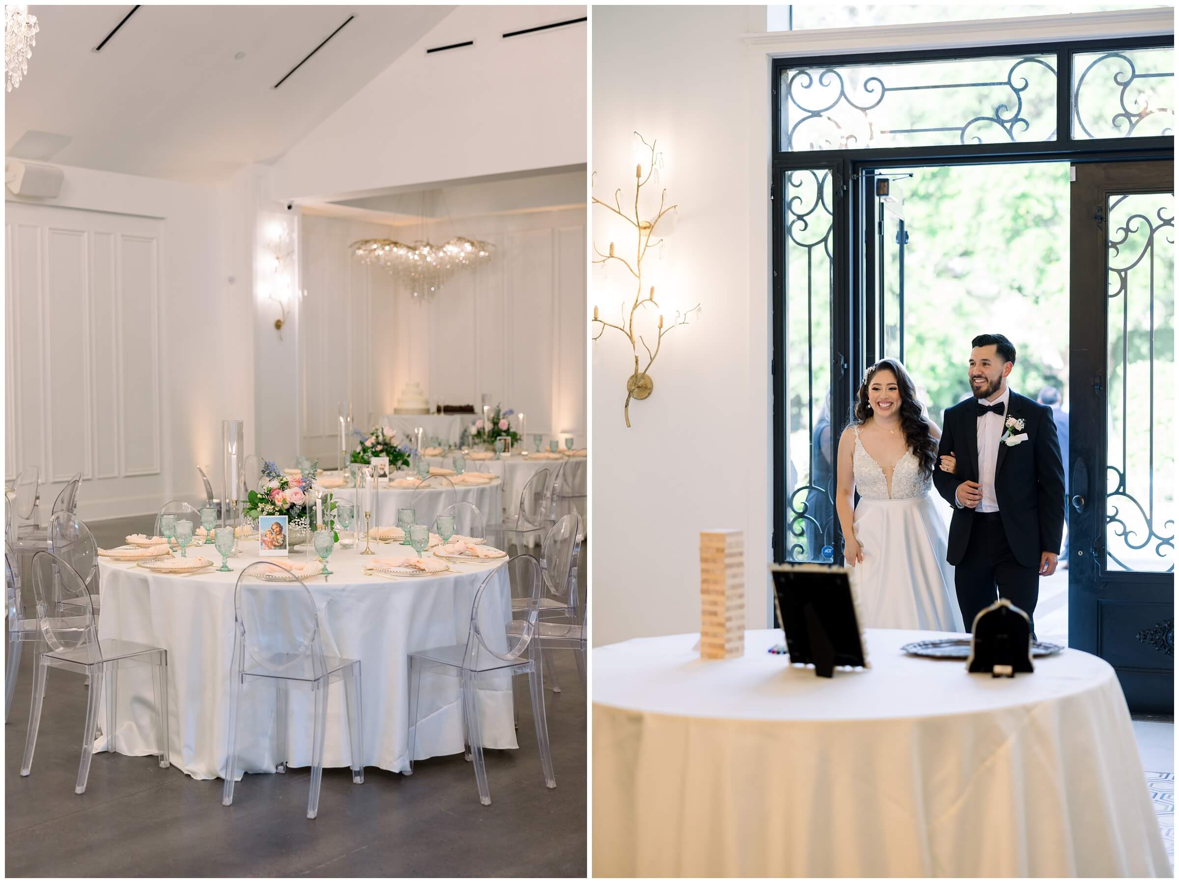 The bride and groom smile together at the Peach Orchard venue