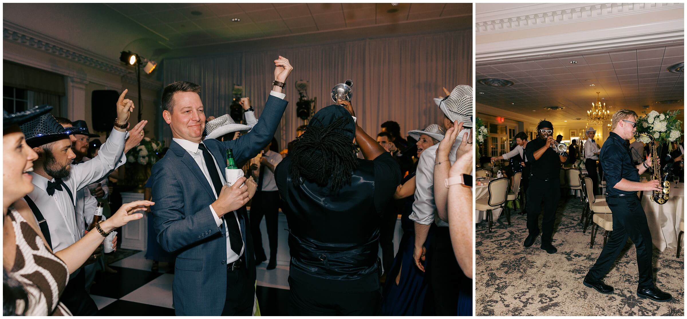 Bride and groom dancing surrounded by guests at Colonial Country Club wedding
